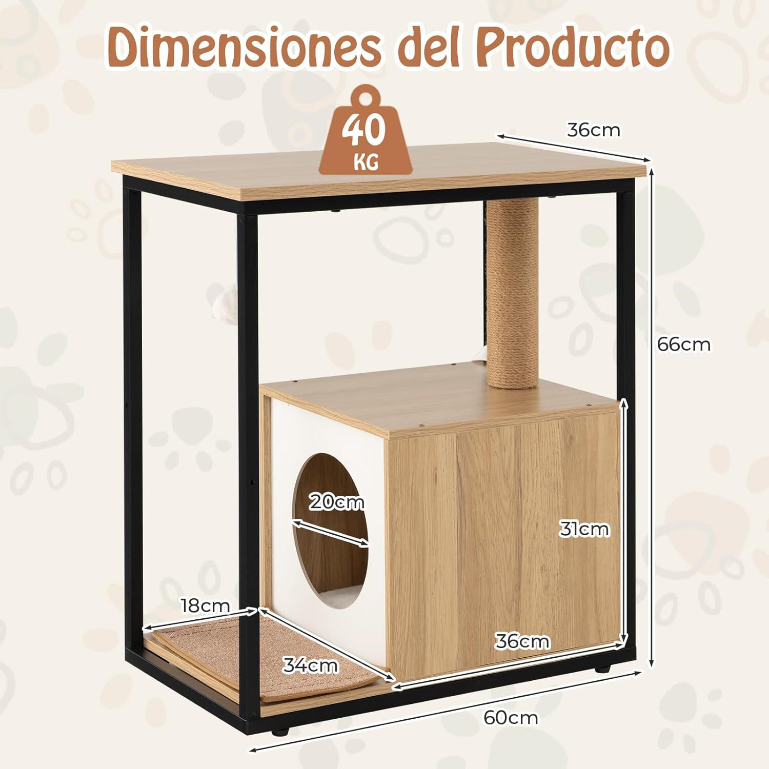 COSTWAY Mesa Auxiliar con Casa para Gatos, Tapete Rascador Extra&iacute;ble, Juguete de Bola Colgante, Dispositivo Antivuelco, para Sala, Dormitorio (Natural), , large Imagen numero 2