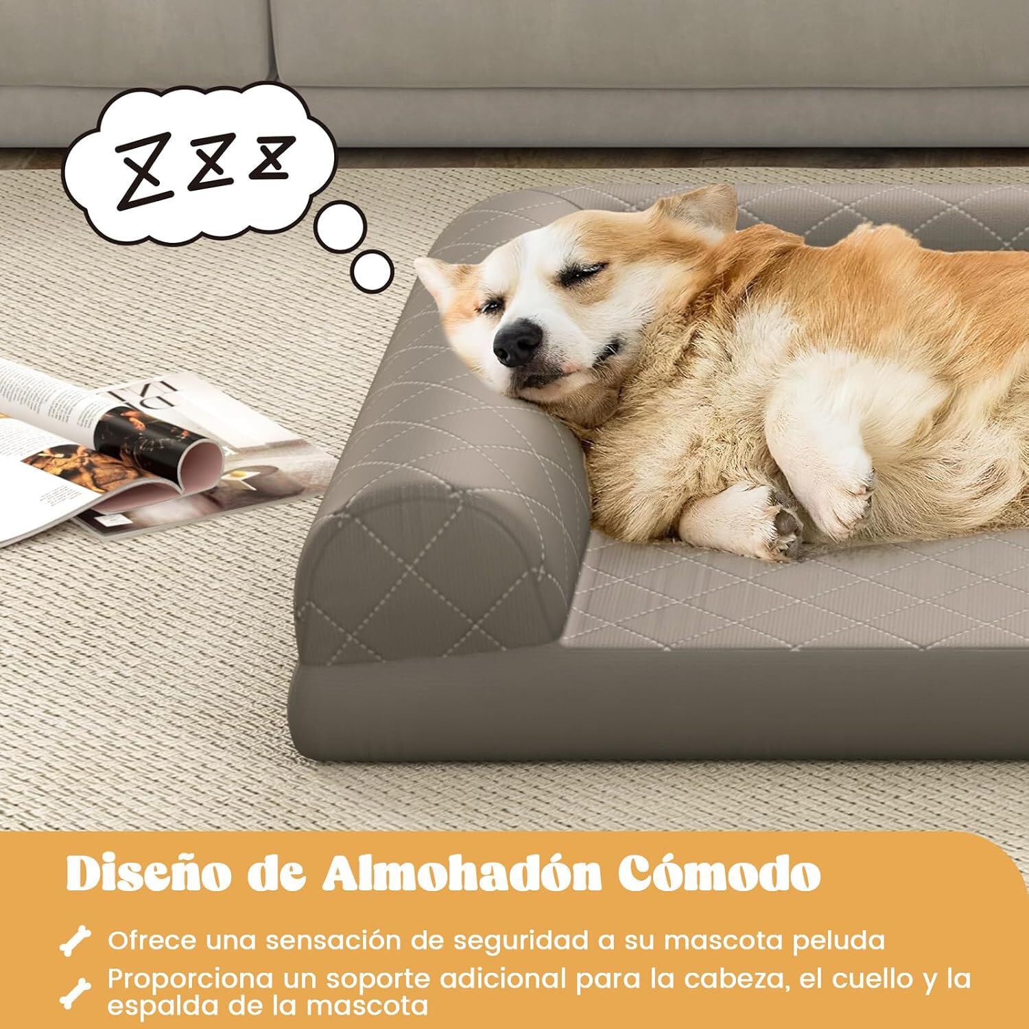 COSTWAY Cama Perros Medianos y Peque&ntilde;os, 90x69x18 cm, Cama Ortop&eacute;dica para Perros con Espuma de Huevo y Coj&iacute;n de 3 Lados, Base Antideslizante, Sof&aacute; para Mascotas, Desenfundable y Lavable (Gris), , large Imagen numero 3