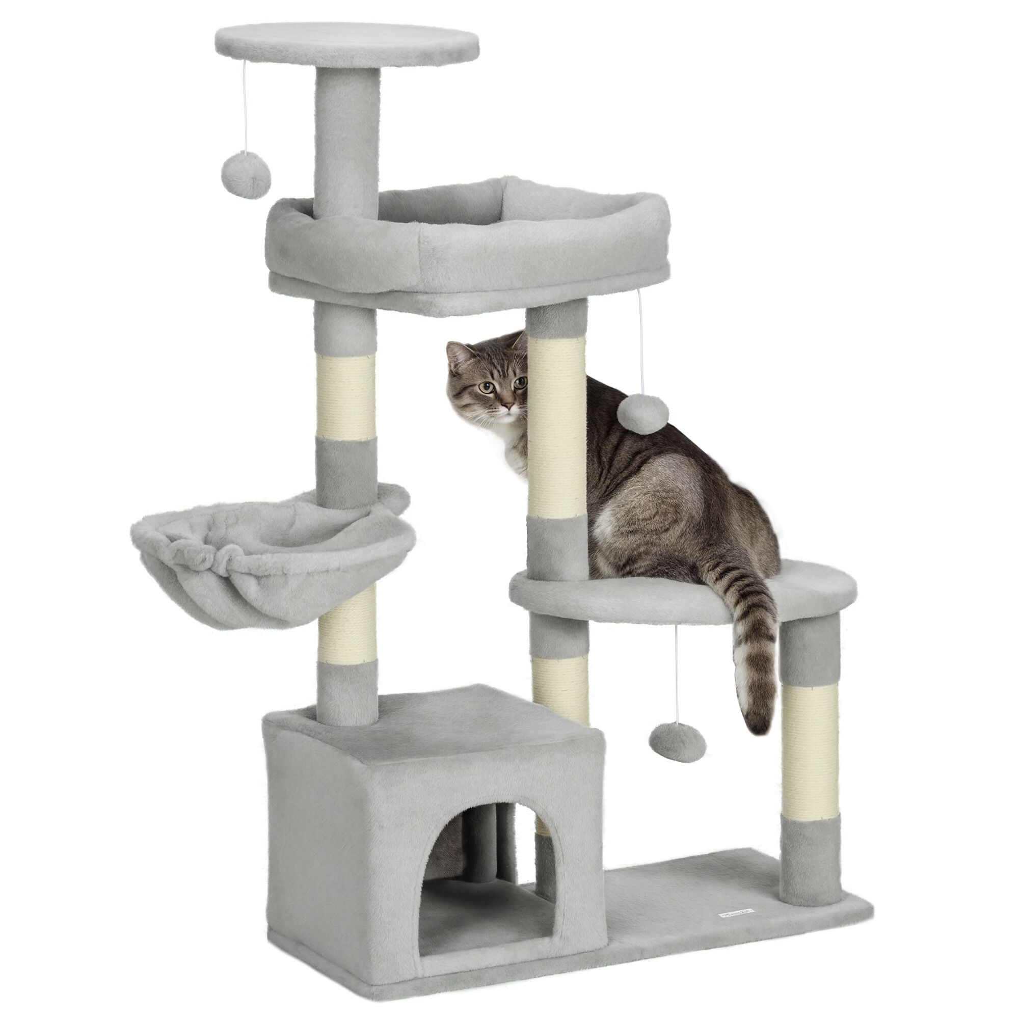 PawHut Rascador para Gatos Altura 104 cm Árbol para Gatos Torre de Escalada con Postes Rascadores de Sisal Cueva Plataformas y Bolas Colgantes Gris Claro thumbnail