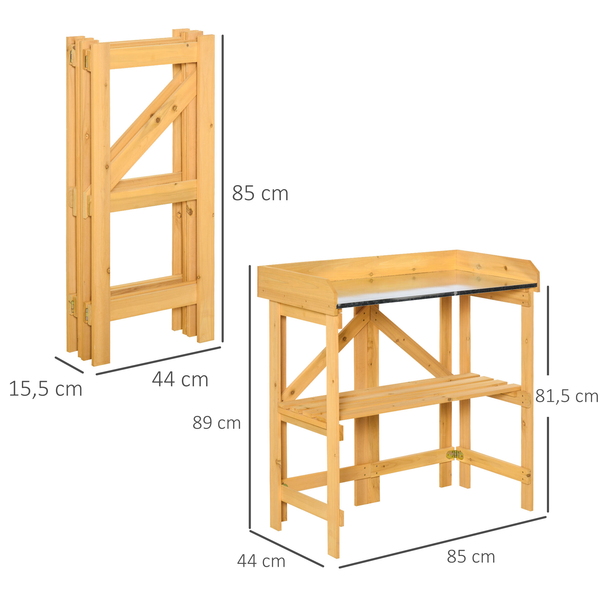 Outsunny Mesa de Plantaci&oacute;n Plegable Mesa de Jardiner&iacute;a de Madera con Placa de Zinc y Estante para Jard&iacute;n Terraza Balc&oacute;n 85x44x89 cm Amarillo, , large Imagen numero 3