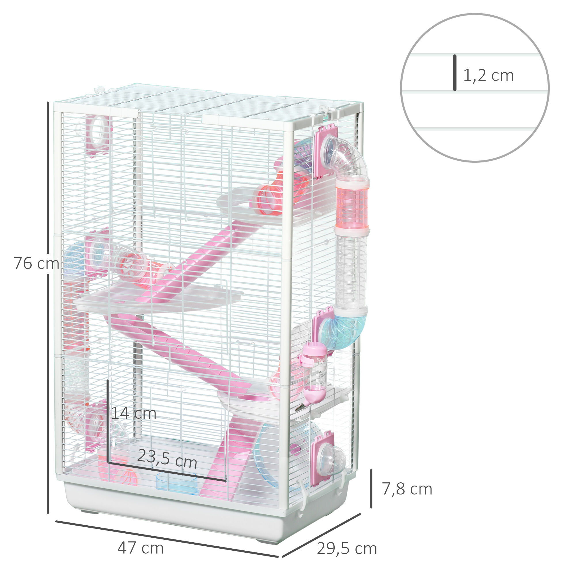 PawHut Jaula para H&aacute;mster con T&uacute;nel Casa para Animales Peque&ntilde;os 47x29,5x76 cm con 3 Puertas Plataformas Bandeja Cuenco Bebedero Casita 3 Rampas y Rueda de Ejercicio Blanco, , large Imagen numero 3