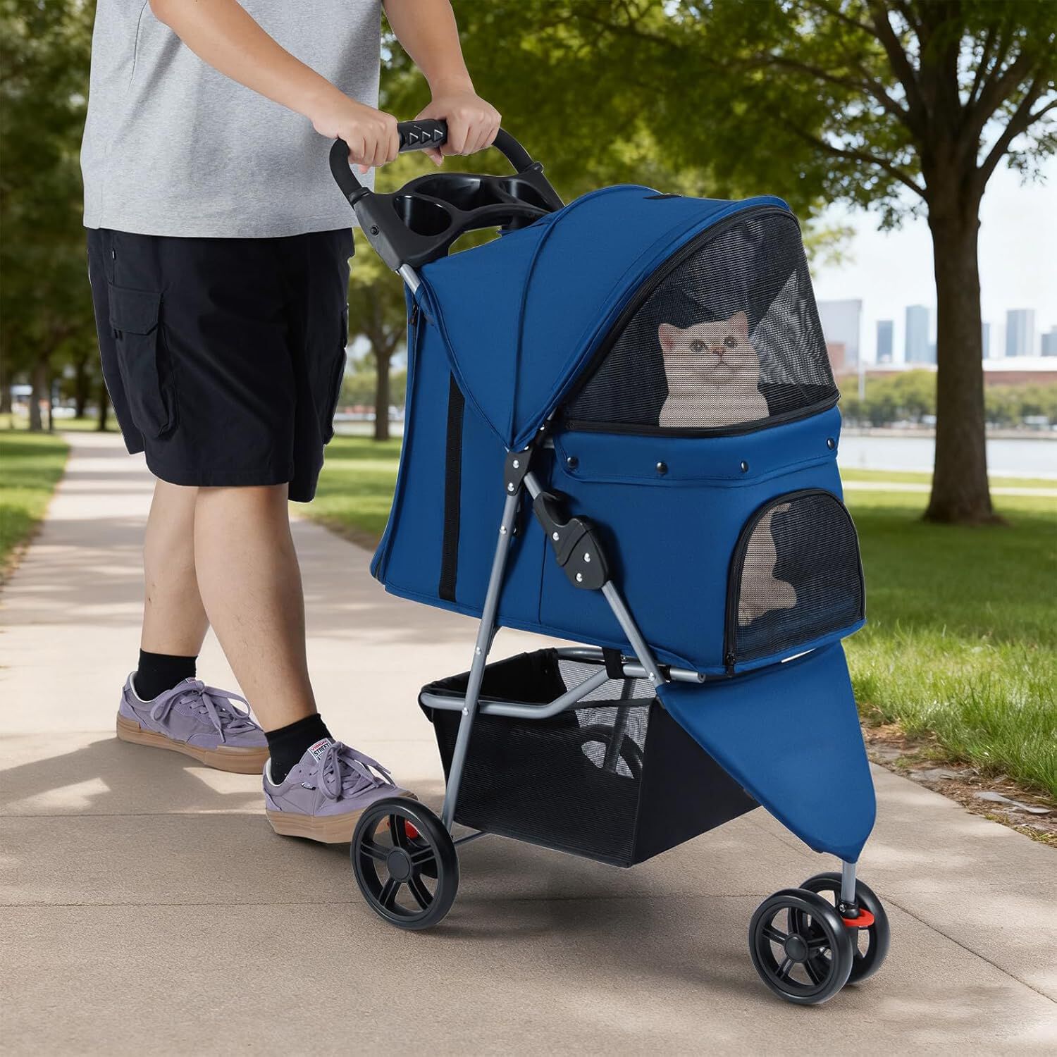 COSTWAY Cochecito Plegable para Mascotas, Carrito para Perros con Capota Ajustable, Almohadilla Lavable Extra&iacute;ble, Cesta de Almacenaje, Portavasos, Carro para Perros hasta 15 kg, 82x45x100 cm (Azul), , large Imagen numero 2