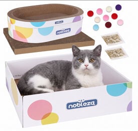 Nobleza Rascador para Gatos 4 en 1, Centro de Actividades de Cart&oacute;n Corrugado con Cama Ovalada, Caja de Juego, Bolas de Juguete y Hierba Gatera, Tabla de Rascar de Alta Densidad
