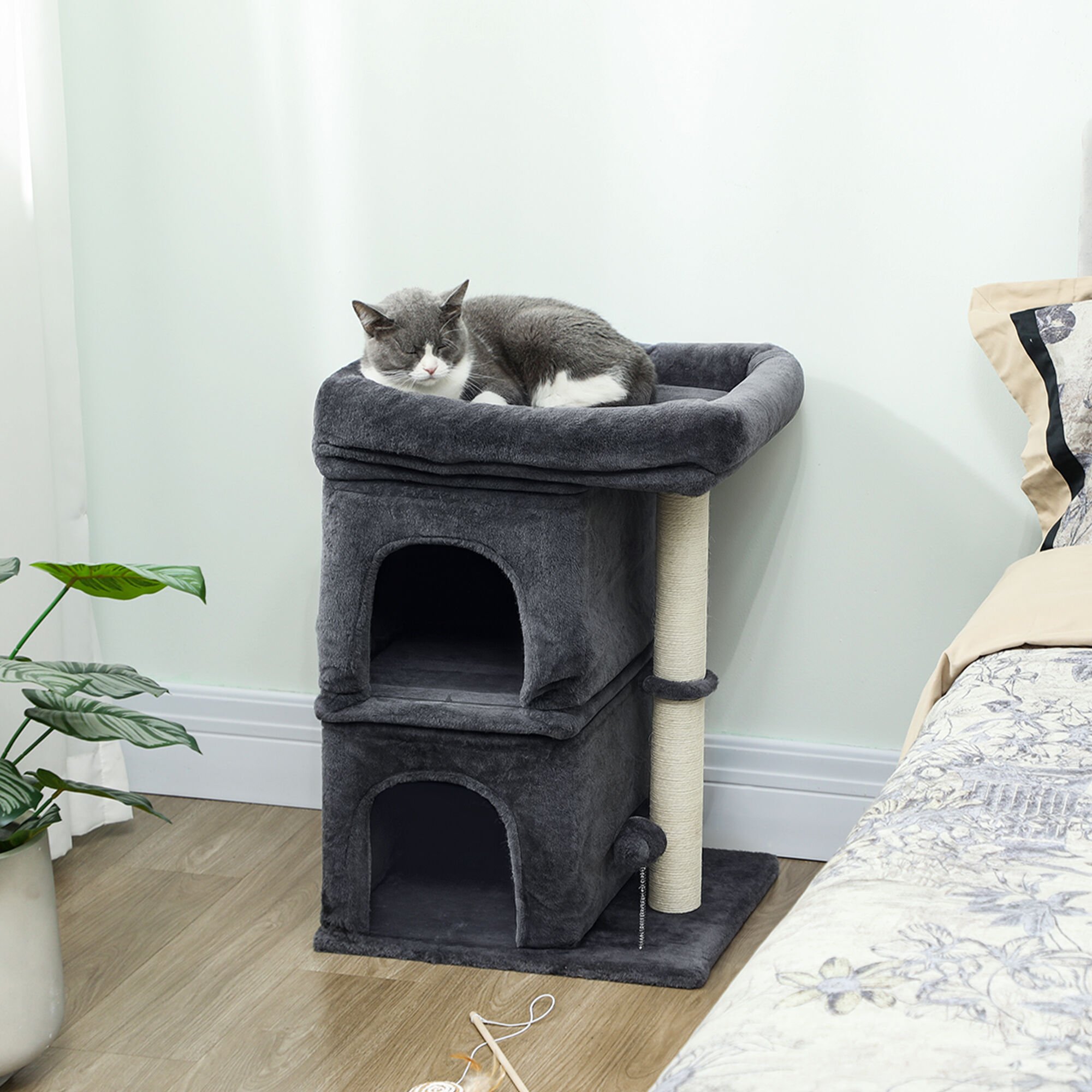 PawHut Árbol Rascador para Gatos, Árbol para Gatos 66 cm, Torre Escalador con Cama, 2 Cuevas, Poste de Sisal, Bola para Jugar, Gris Oscuro thumbnail