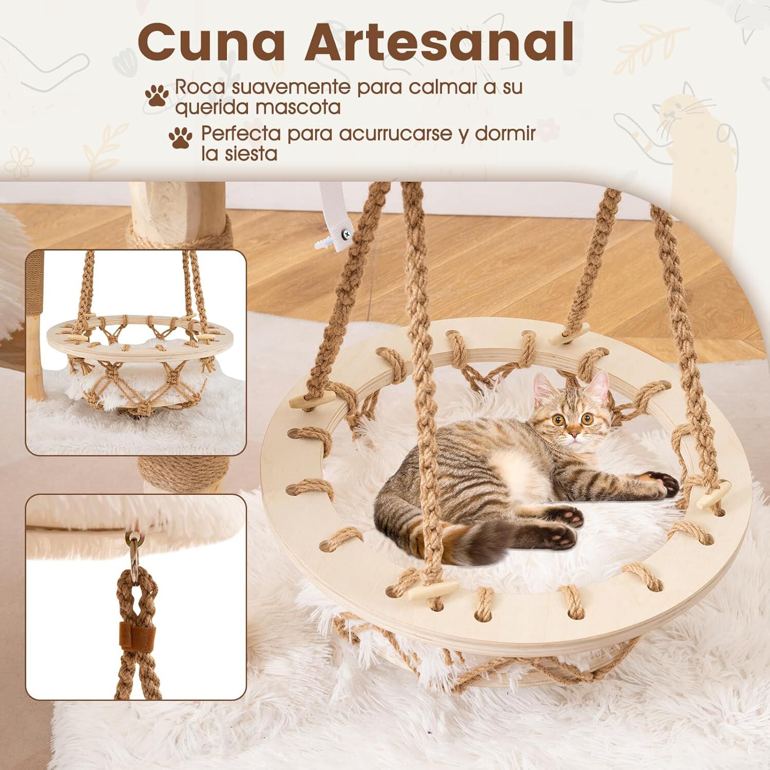 COSTWAY Árbol Rascador para Gatos Moderno, Marco de Madera Peral, 66 cm Torre para Gatitos con Cuna Colgante, Arbol Gatos con Plataforma Acolchada, Cojín de Peluche Suave, Poste de Yute, Blanco thumbnail