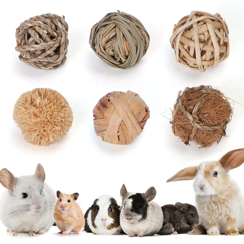 Nobleza Lote de 6 pelotas de Juego para Pequeños Animales, Bolas de hierba para masticar y Juguetes masticables rodantes para mejorar la salud Dental de los Hamsters