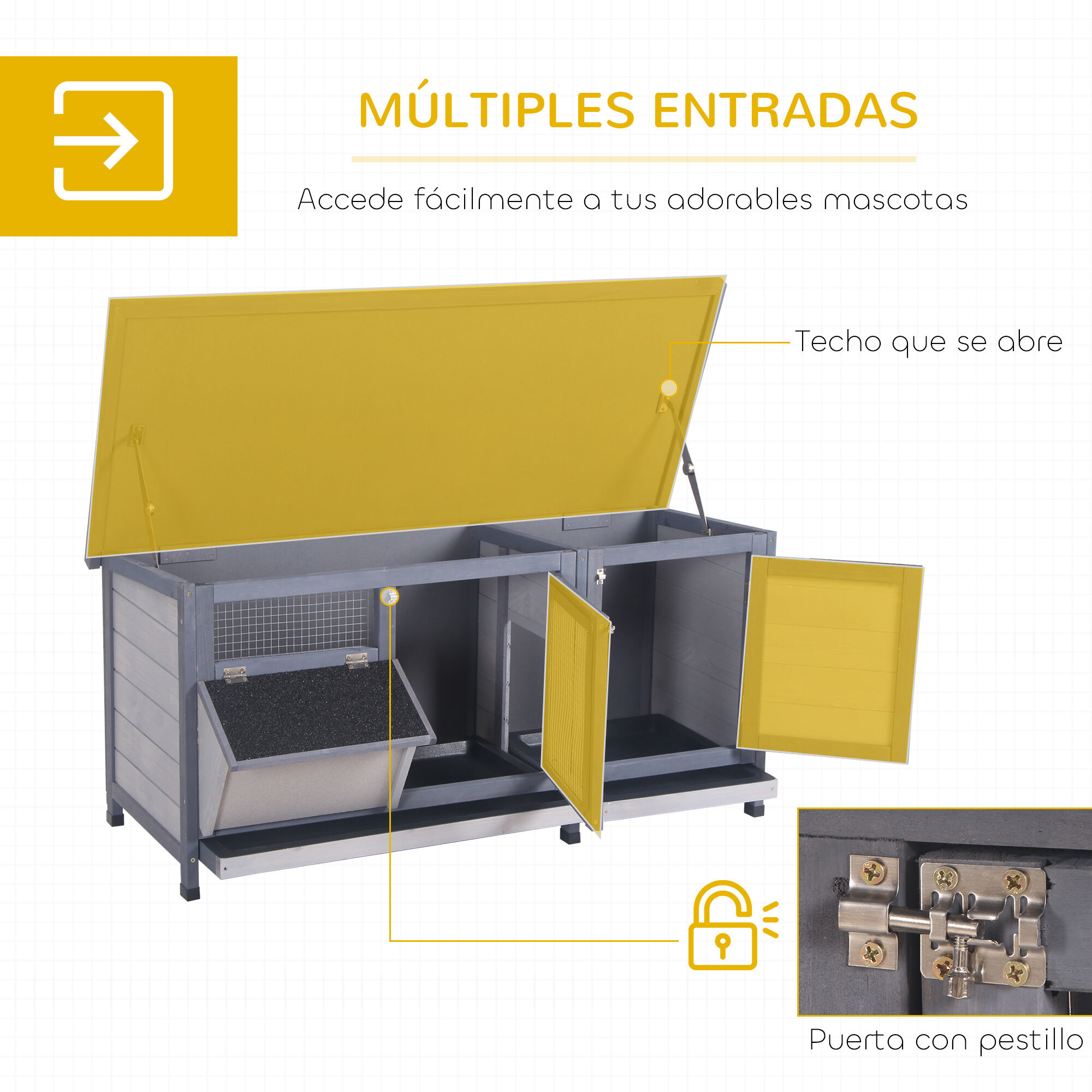 PawHut Conejera de Madera, Jaula para Conejos con Techo Asfáltico Abatible, Puertas con Pestillo, Bandejas Extraíbles y Comedero, Conejera para Exterior, 112x50x54 cm, Gris thumbnail