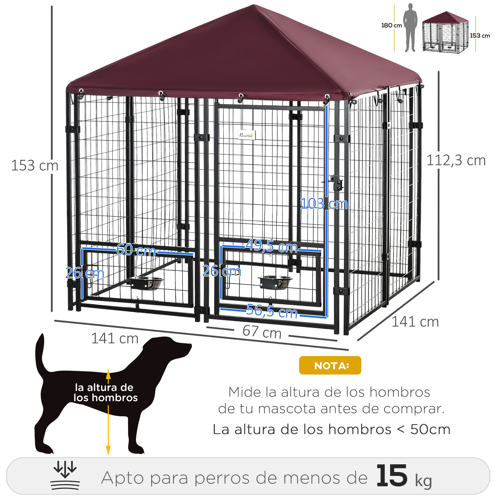 PawHut Perrera de 8 Paneles Parque para Perros Met&aacute;lica de Exterior con 2 Soportes Giratorios para Comida 2 Cuencos y Toldo de Impermeable y Anti-UV 141x141x153 cm Negro y Rojo, , large Imagen numero 3