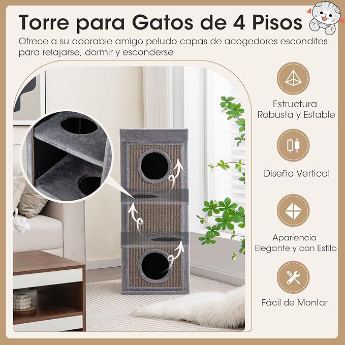 COSTWAY Casa para Gatos de 3 Pisos, Condo para Gatos en Forma de Barril con 3 Escondites y Postes Rascadores de Sisal, 4 Suaves Cojines de Felpa Extra&iacute;bles, Moderno Mueble para Gato de Interior, , large Imagen numero 2