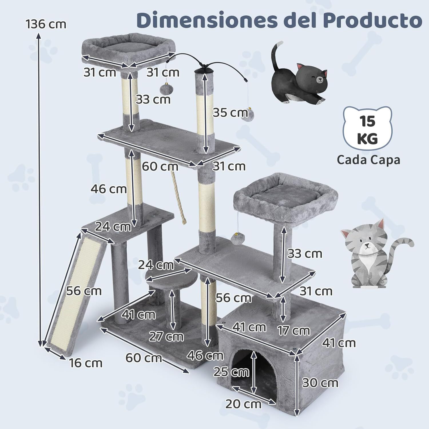 COSTWAY &Aacute;rbol Rascador para Gatos de 136 cm, Castillo para Gato con Postes de Sisal, Rampa, 2 Posaderos Acolchados, Condo Grande, Bolas Colgantes, Torre Rascador para Hogar Varios Gatos (Gris Claro), , large Imagen numero 5