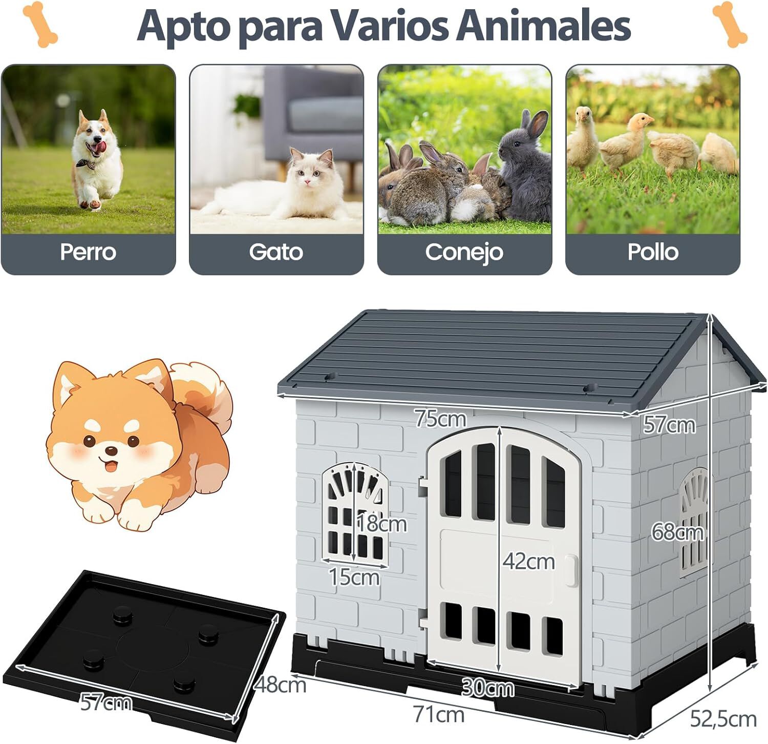 COSTWAY Casa para Perros Plegable de Pl&aacute;stico, Refugio para Mascotas Resistente a la Intemperie con Bandeja de Inodoro, Puerta con Cerradura, Techo Inclinado, Jaula de Interior Exterior para Cachorros Gatos, , large Imagen numero 5