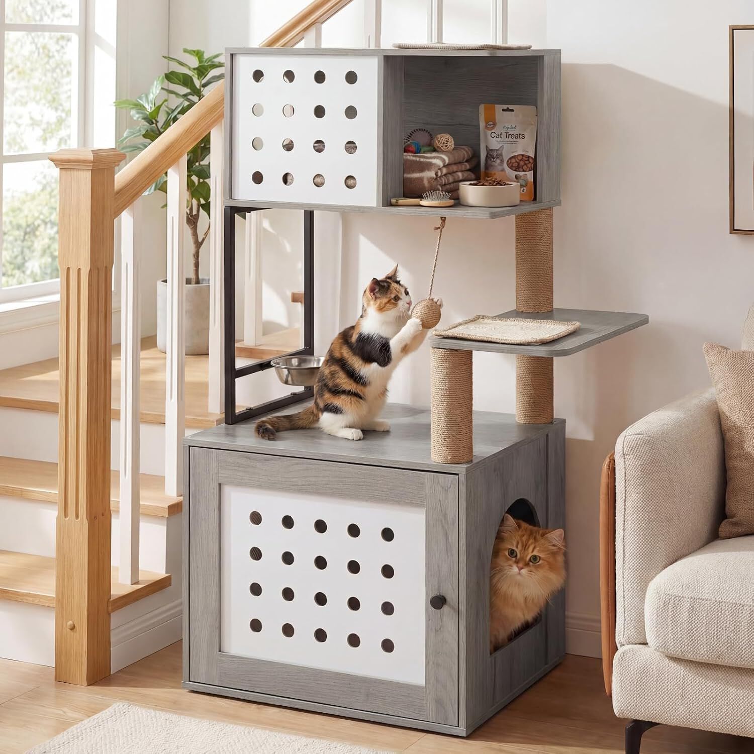 COSTWAY &Aacute;rbol Rascador para Gatos, Torre para Gatos de de M&uacute;ltiples Niveles con Postes Rascadores de Sisal, Condo, Zona de Alimentaci&oacute;n y Bola Colgante y Recinto para Caja de Arena, 117,5 cm (Gris), , large Imagen numero 2
