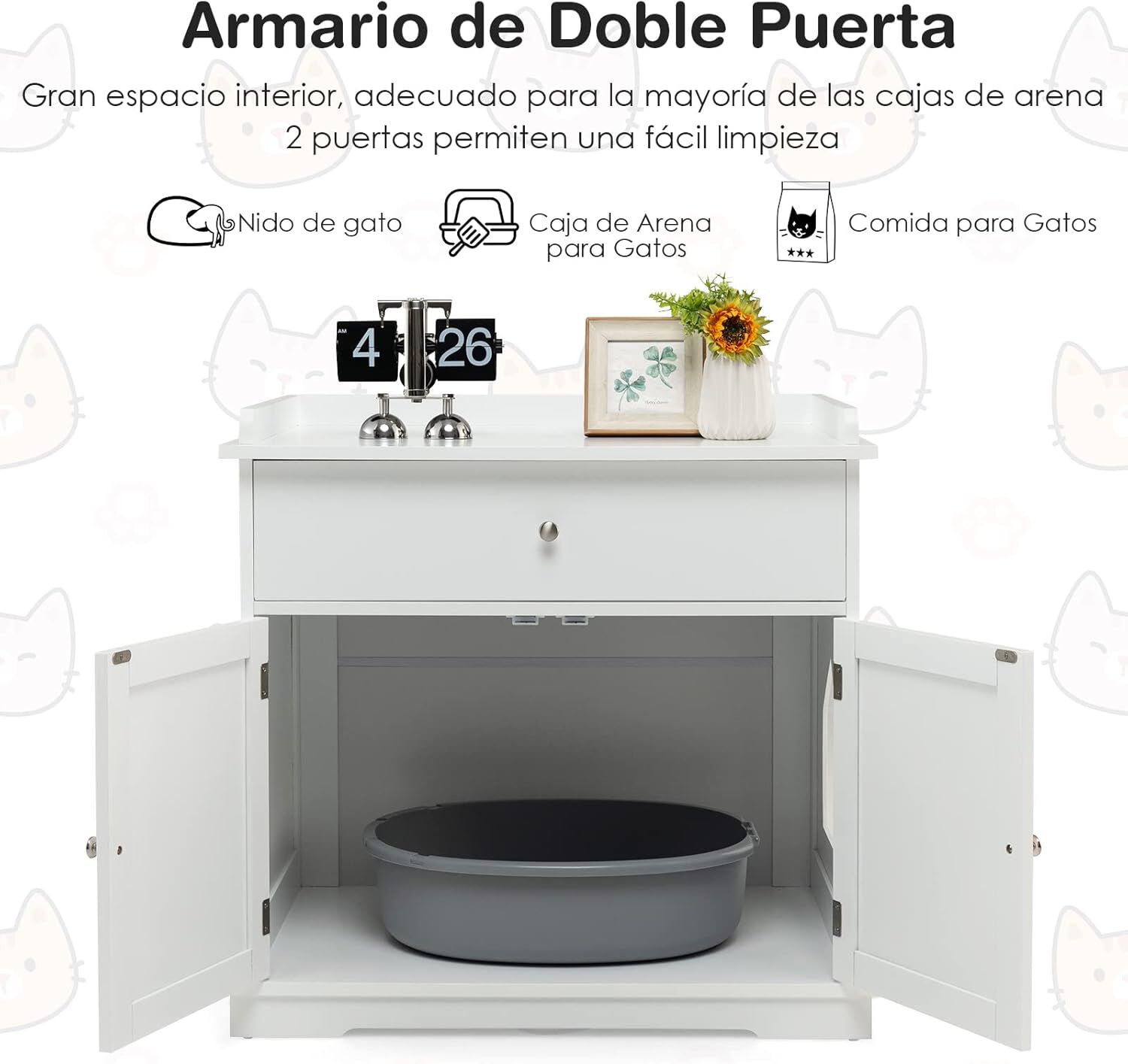 COSTWAY Mueble Cajón y 2 Puertas Blanco para Gatos thumbnail