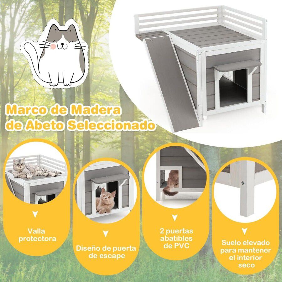 COSTWAY Caseta para Gatos de Madera, Casa para Gatos y Perros de 2 Pisos, Casa para Mascotas con Terraza, Rampa de Escalada y Puertas de Escape, 70 x 70 x 65 cm, , large Imagen numero 4