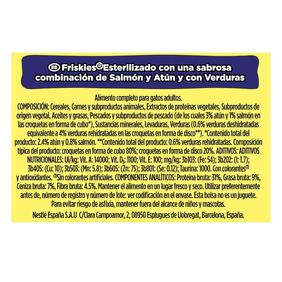 Purina Friskies Sterilized Pienso para gatos con salmón, atún y verduras thumbnail
