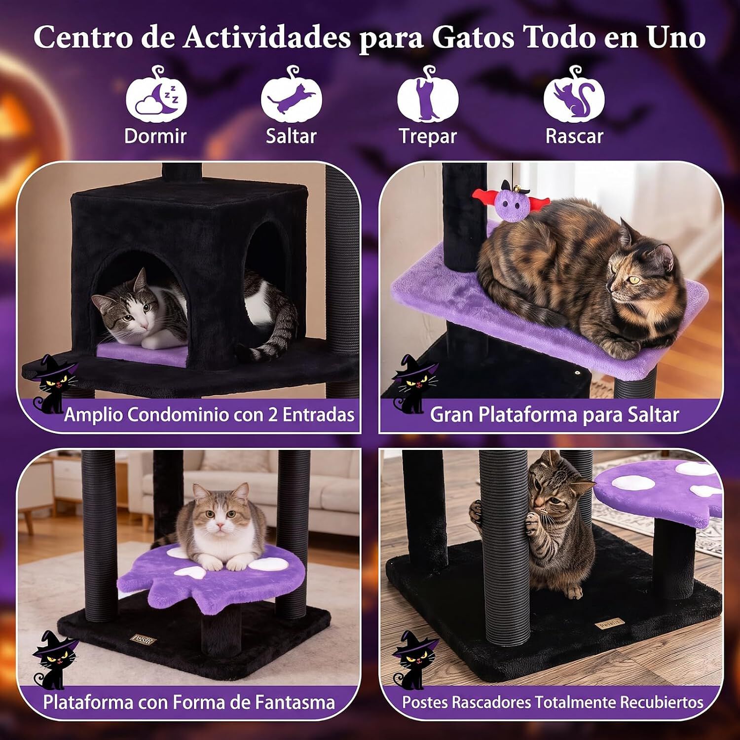 COSTWAY 144 cm &Aacute;rbol Rascador para Gatos G&oacute;tico de Interior, Morado Torre para Gatos Multinivel con Postes Rascadores, Plataformas, Casita y Juguete Colgante, Centro de Actividad para Mascotas, , large Imagen numero 5