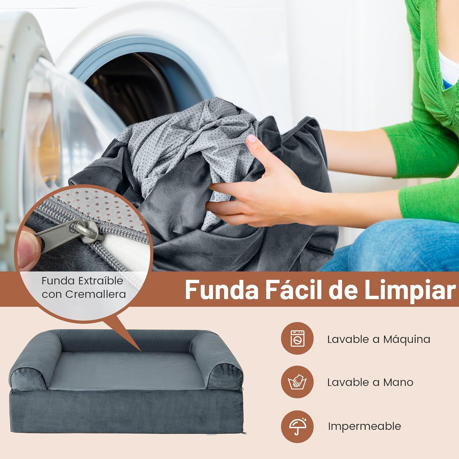 COSTWAY Cama Perro Grande, 100x81x30,5 cm, Cama Ortop&eacute;dica para Perros con Espuma Viscoel&aacute;stica y Reposacabezas, Base Antideslizante, Desenfundable y Lavable, Sof&aacute; Perro Desmontable, Mascotas, Gris, , large Imagen numero 4