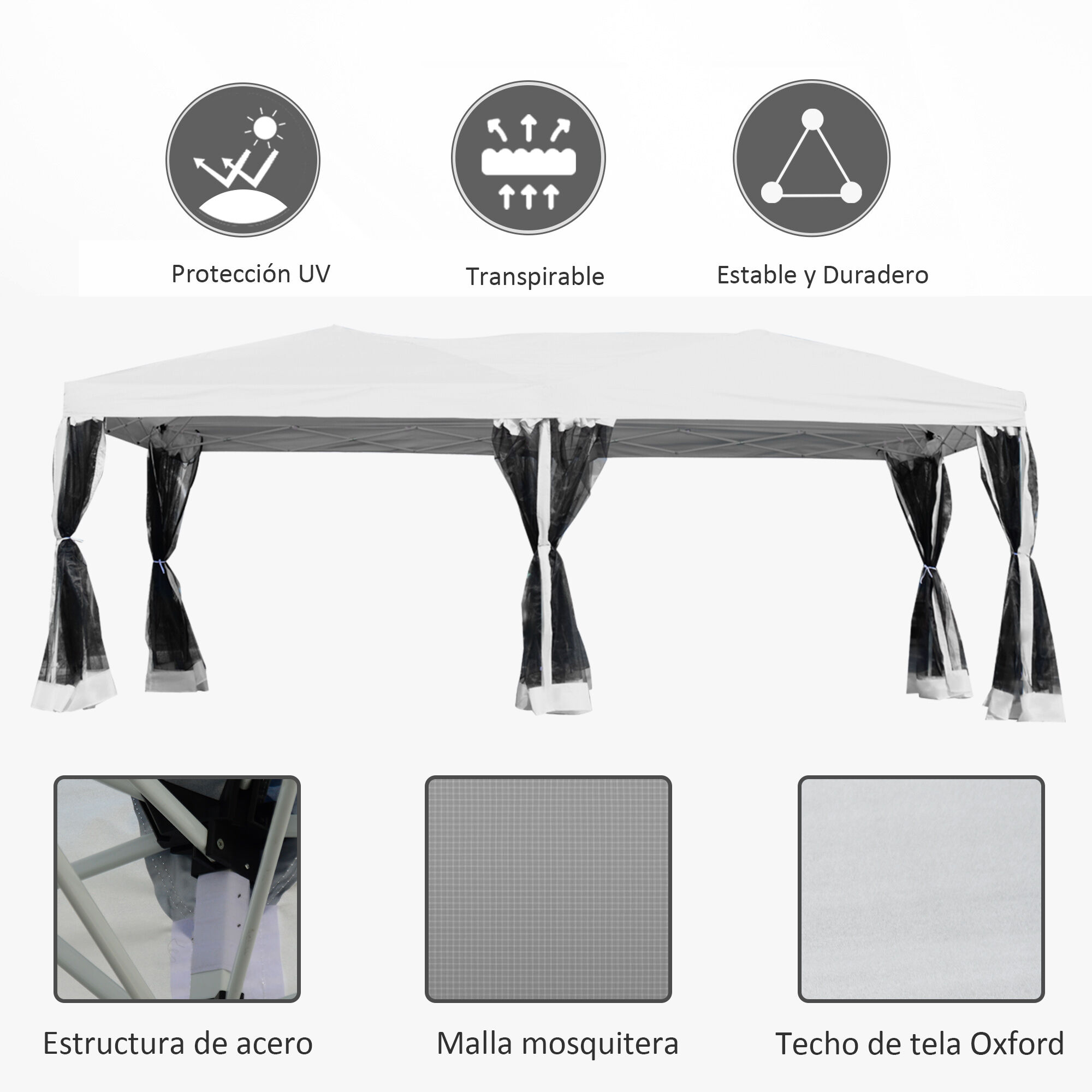 Outsunny Carpa 6x3m Plegable Gazebo para Jard&iacute;n Cenador con 6 Cortinas Mosquitera y Cremallera Bolsa Transporte Montaje F&aacute;cil Acero Tela Oxford Blanco, , large Imagen numero 4