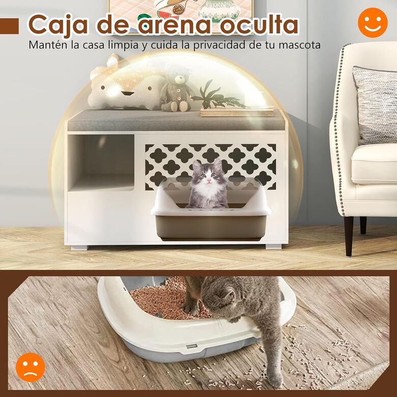 COSTWAY Banco con Arenero y Cojín Extraíble, Mueble Ocultador de Arenero para gatos thumbnail
