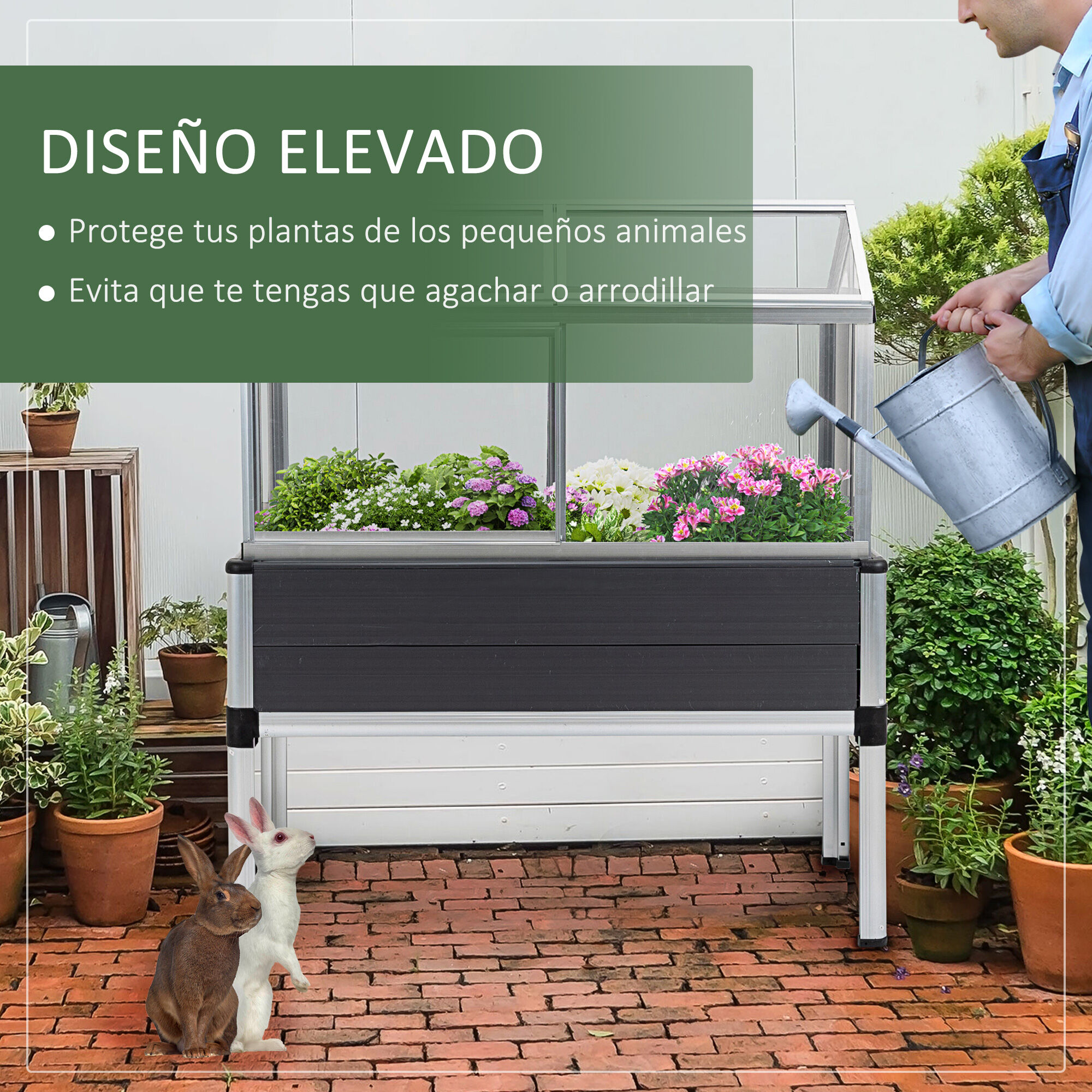Outsunny Huerto Urbano Elevado 113,5x61x128,5 cm con Cubierta de Policarbonato con Techos Abatibles y Ventanas Correderas Marco de Aluminio y PVC para Plantas Flores Gris, , large Imagen numero 4