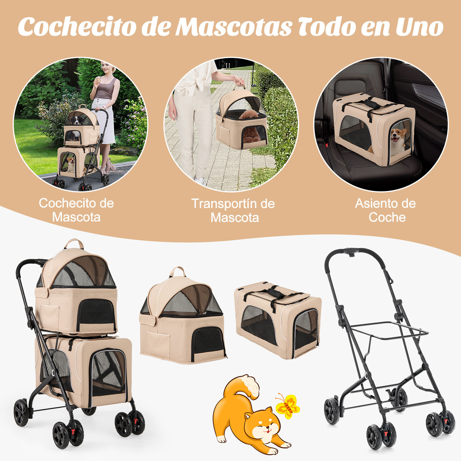 COSTWAY Cochecito para Perros Plegable, 3 en 1 Carrito para 2 Perros o Gatos, con 2 Transportines Desmontables, Cintur&oacute;n de Seguridad, Cojines Desmontables, Carrito de Viaje para Mascotas (Beige), , large Imagen numero 4