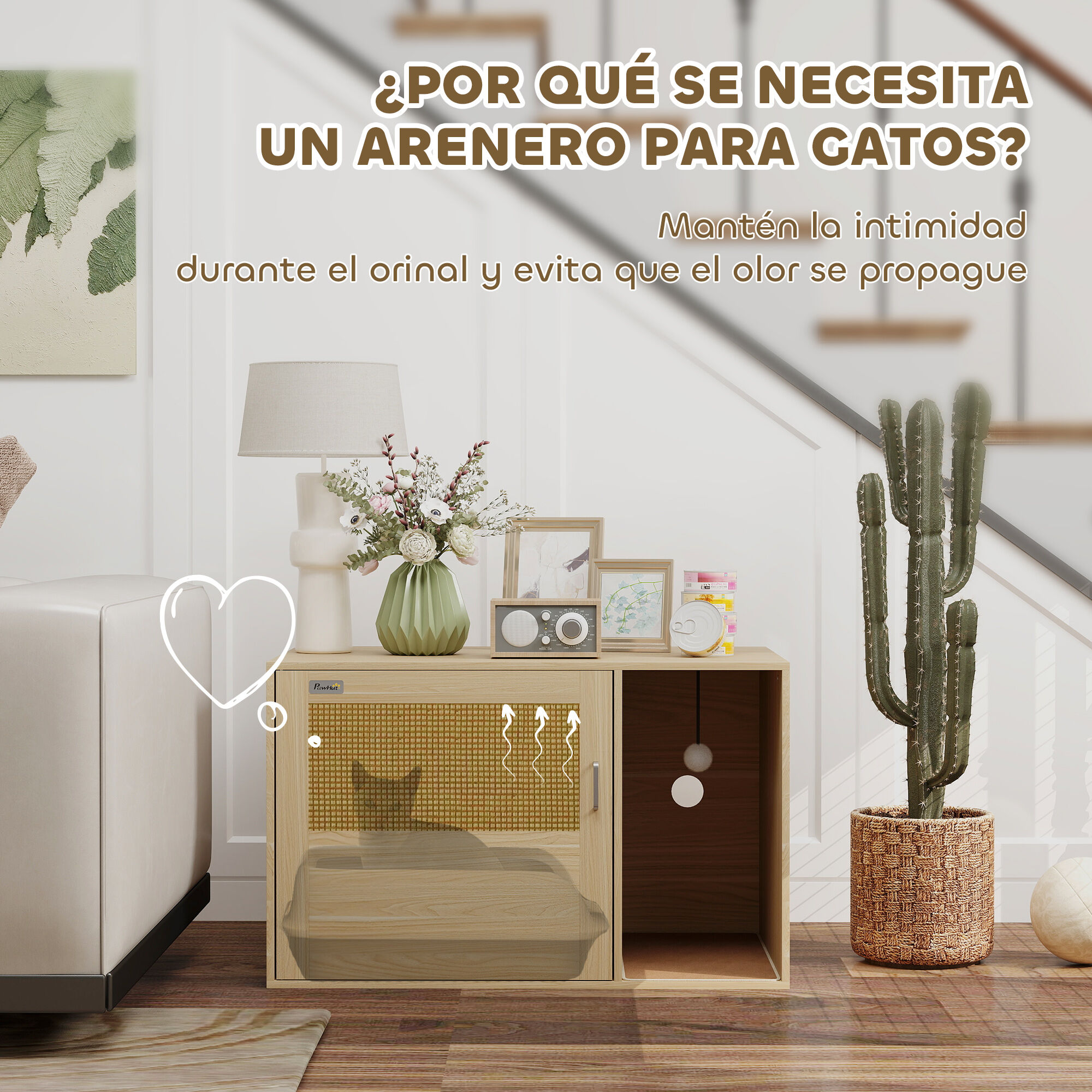 PawHut Mueble Arenero para Gatos, Caja de Arena para Gatos con Almohadilla para Rascar y Puerta de Ratán, Mesa Auxiliar para Salón, Dormitorio, 80x50x50 cm, Roble thumbnail