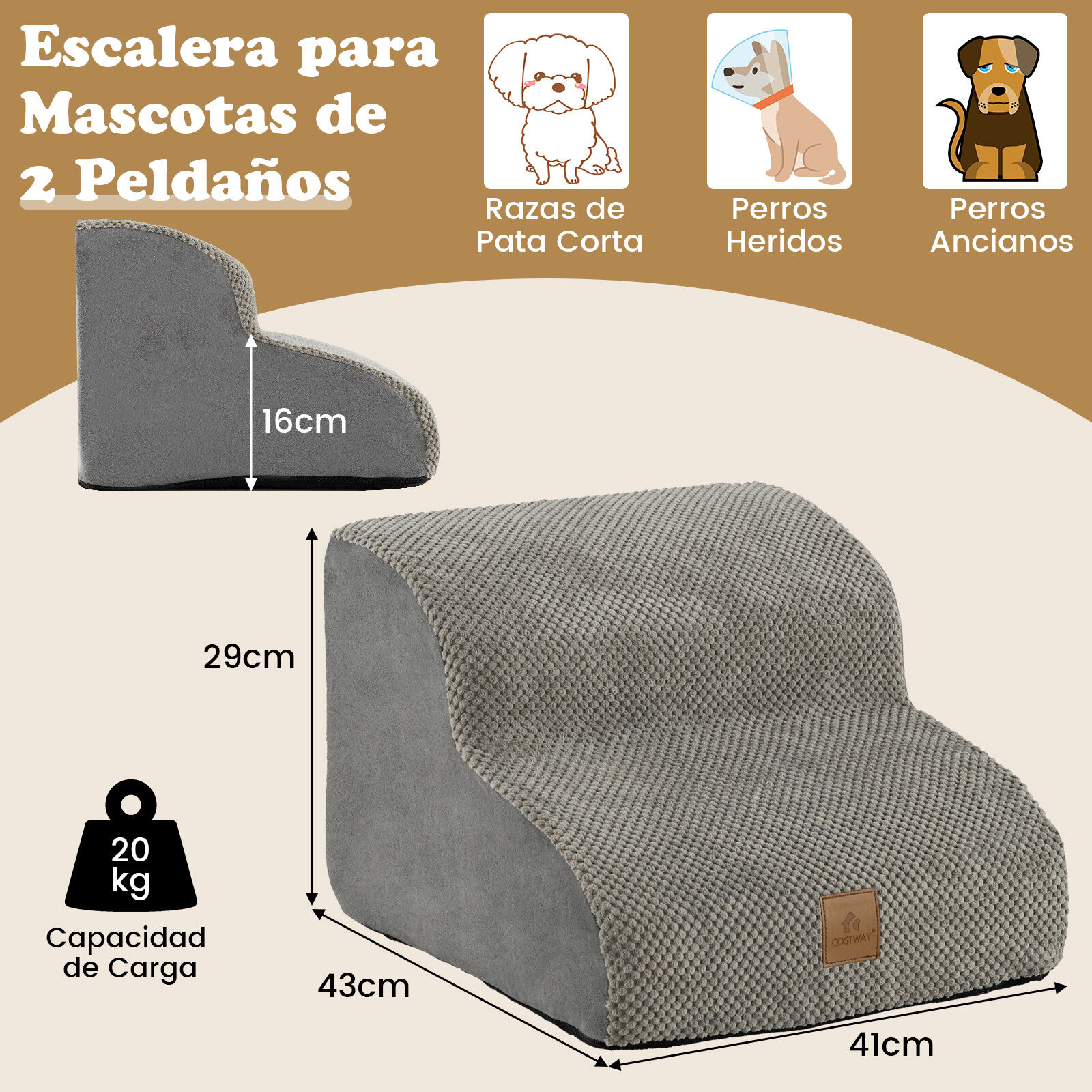 COSTWAY Rampa para Perros de Espuma, Escalera Suave para Mascotas de 2 Niveles con Funda Lavable, Pasos para Perros en Pendiente para Sof&aacute; (Gris), , large Imagen numero 4