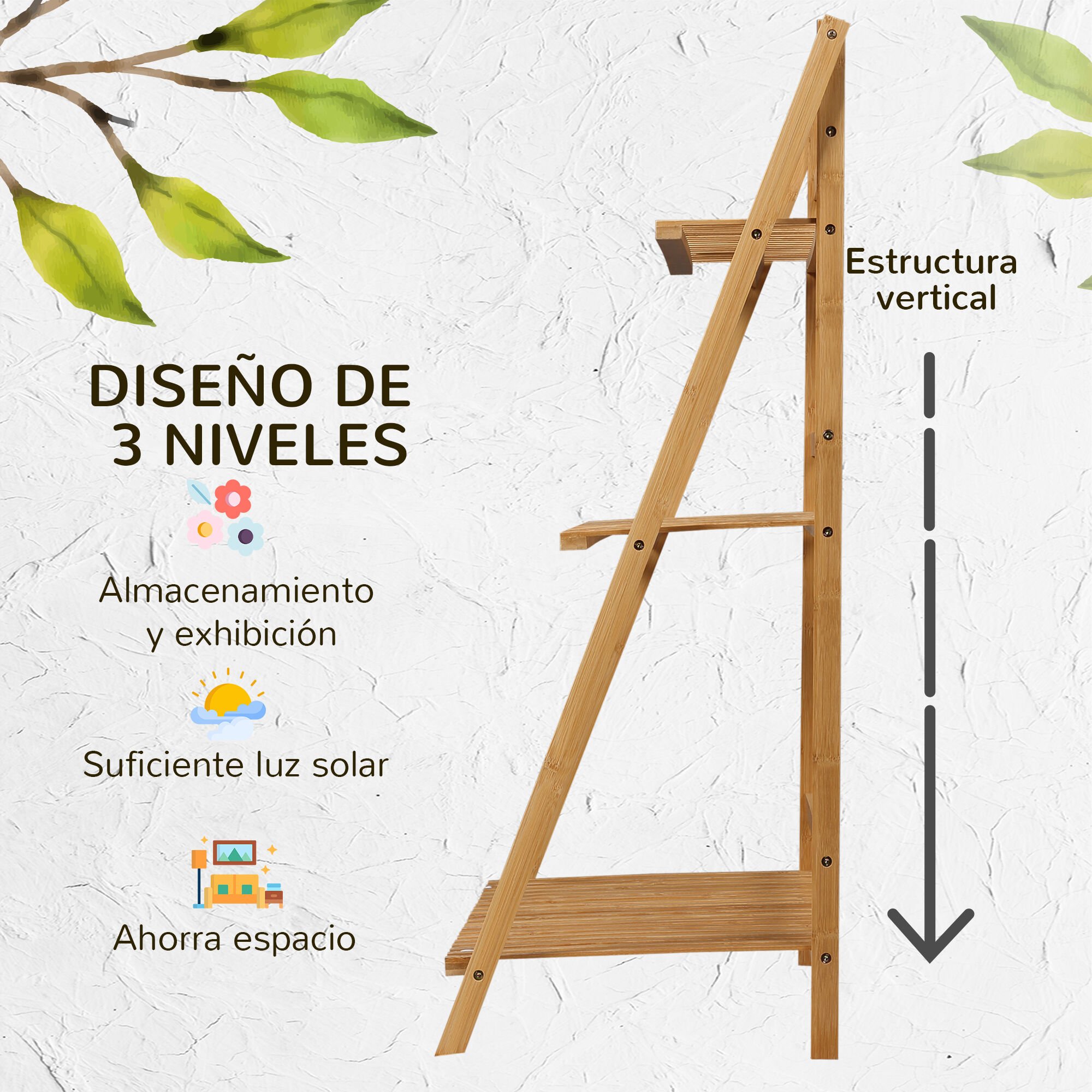 Outsunny Estantería para Plantas de 3 Niveles de Bambú Soporte para Flores y Macetas thumbnail