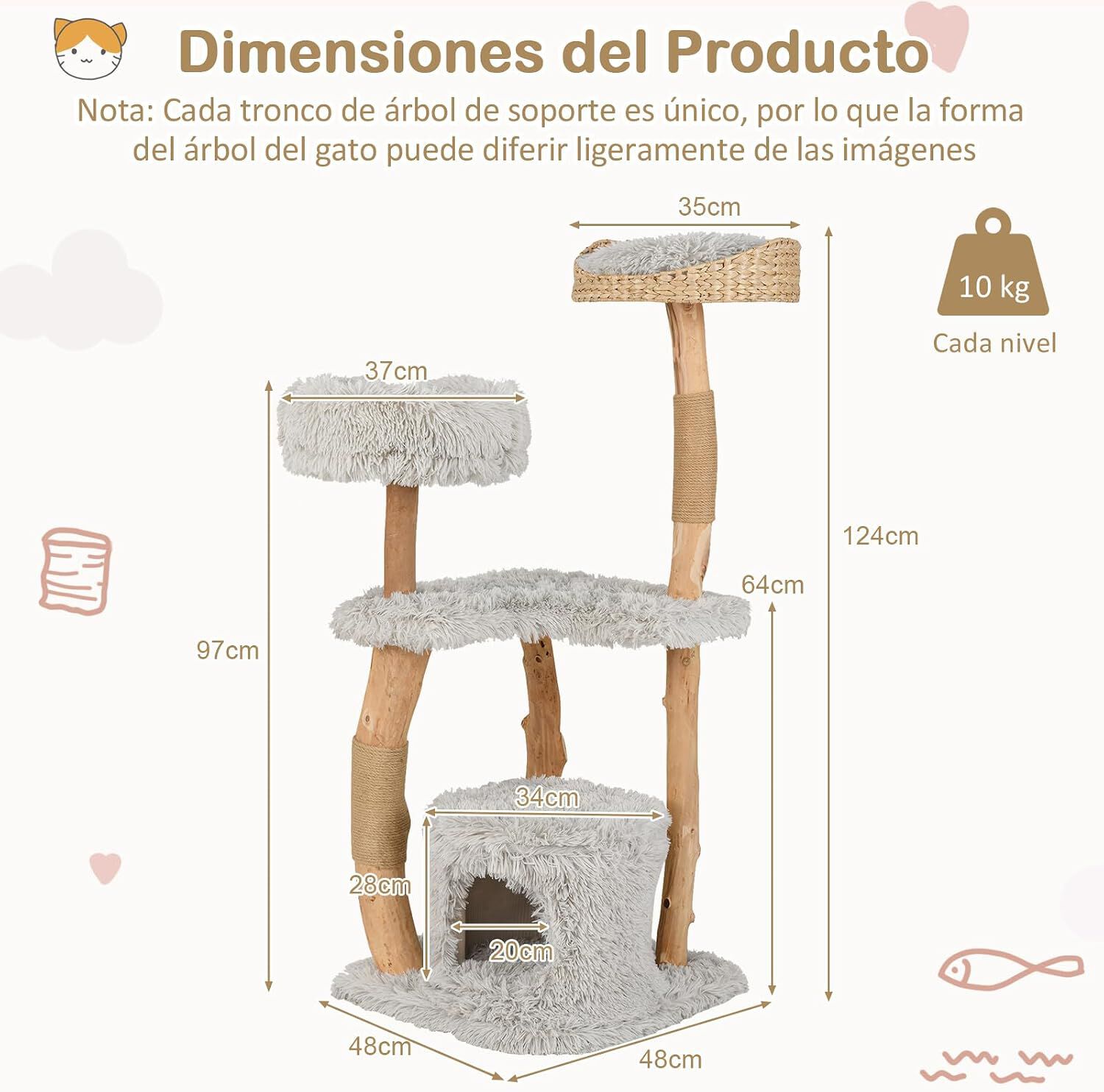 COSTWAY 124cm &Aacute;rbol Rascador para Gatos de Madera Maciza, Torre Rascador para Gatos con Postes de Sisal, Condominio, Plataformas, Centro de Actividades de M&uacute;ltiples Niveles para Gato, Gris, , large Imagen numero 3