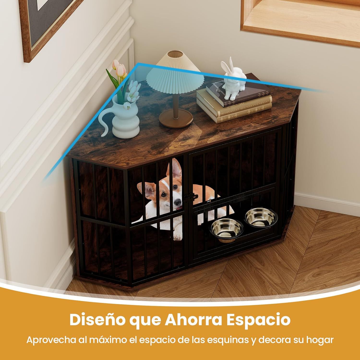 COSTWAY Jaula Esquinera para Perros, Comedero Ajustable con 2 Cuencos de Acero Inoxidable Rotativos 360°, Ahorra Espacio, Multifuncional para Interior, Patas Ajustables, Adecuada para hasta 30 kg thumbnail