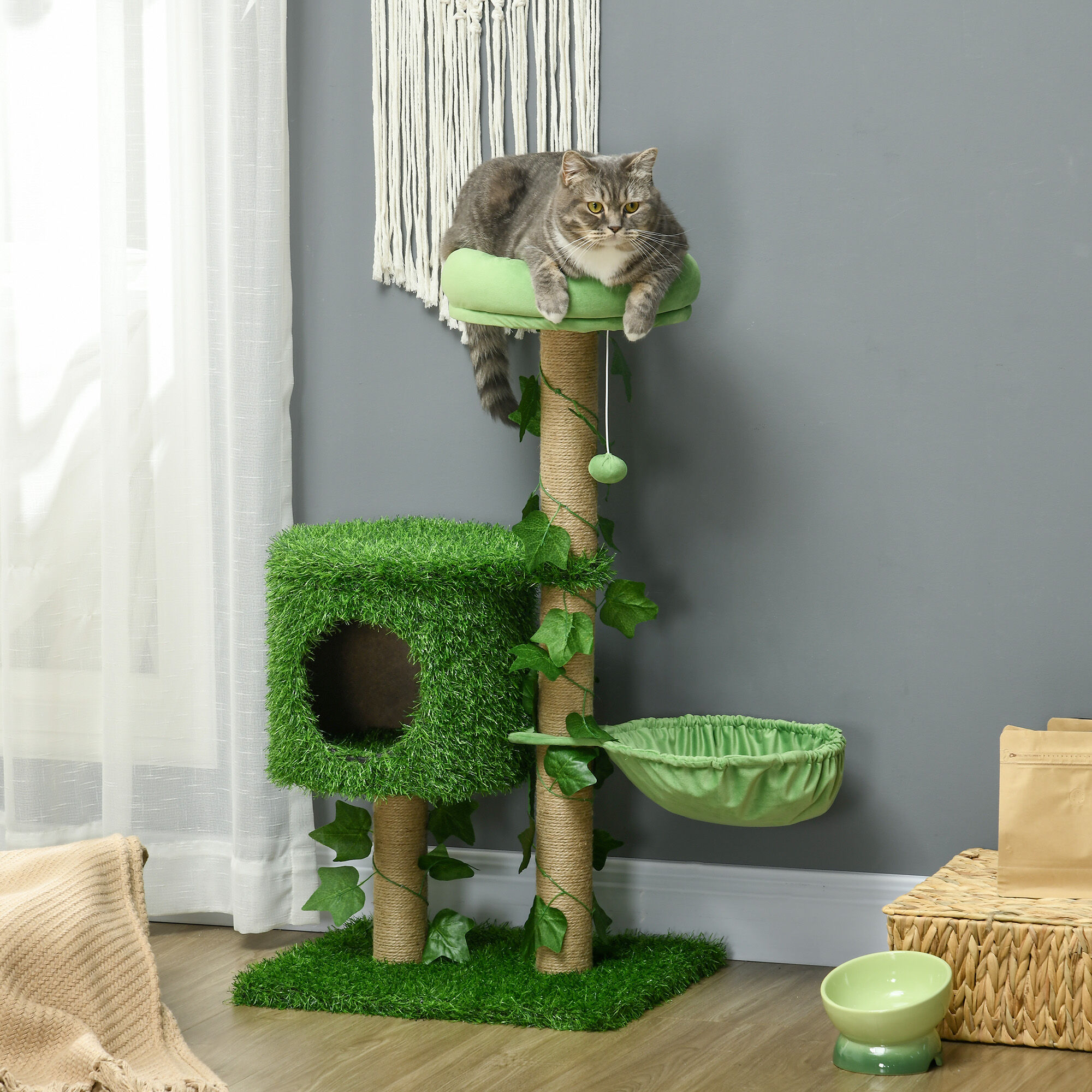 PawHut &Aacute;rbol Rascador para Gatos 91 cm Torre para 1-2 Gatos con Caseta Cama Hamaca Poste de Yute y Bola Colgante 50x40x91 cm Verde, , large Imagen numero 2
