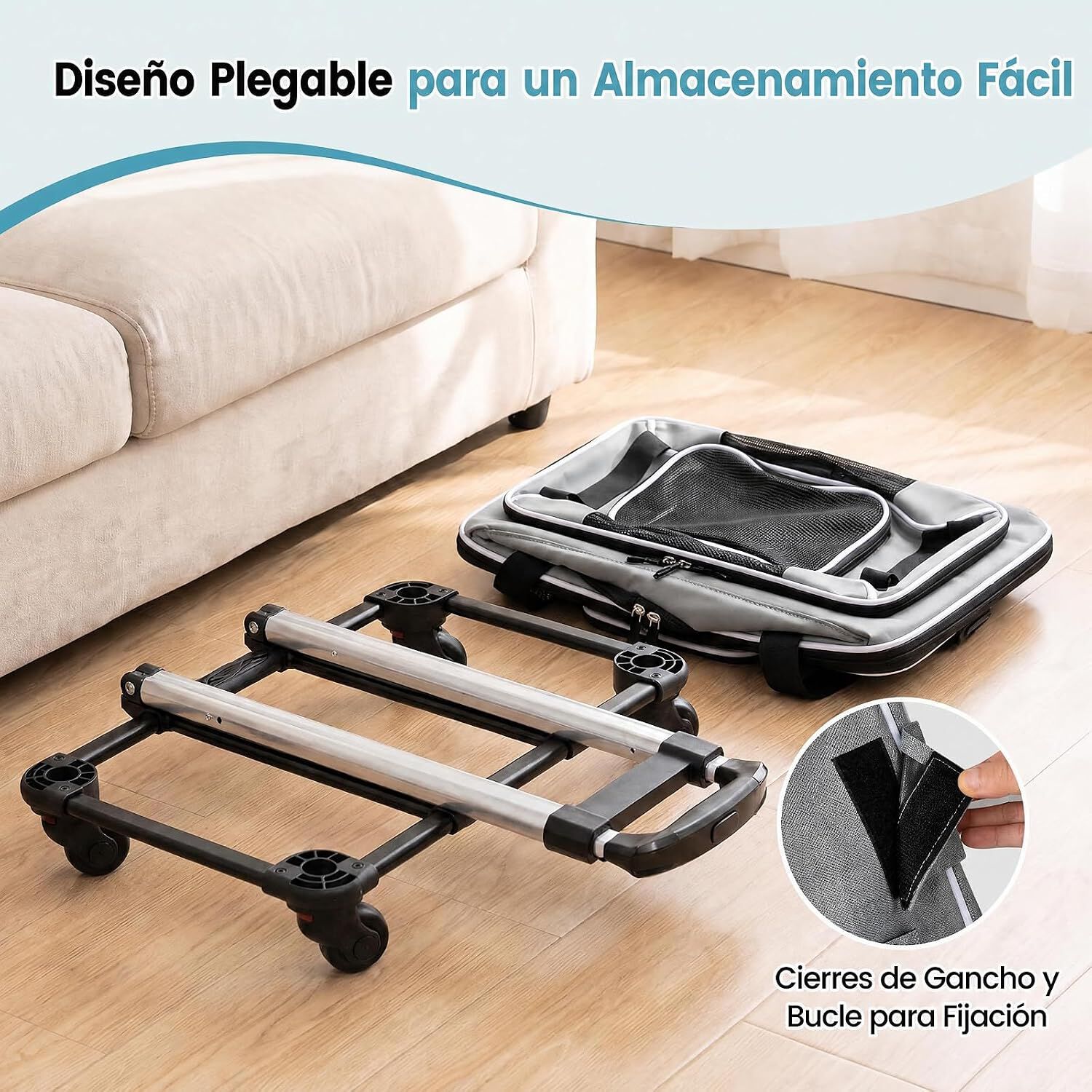 COSTWAY Transport&iacute;n para Mascotas con Ruedas y Asa Telesc&oacute;pica, Transportador para Perros y Gatos con Correa para Hombro, Alfombra Lavable, Ventanas Transpirables, Cremalleras, Gris, , large Imagen numero 4