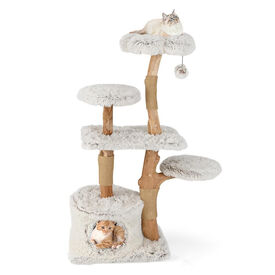 COSTWAY Árbol para Gatos Moderno, 135 cm Rascador para Gatos de Yute con Rama Natural y Poste, Percha de Felpa, Condominio, Árbol para Gatos de Madera Maciza con Diseño Floral