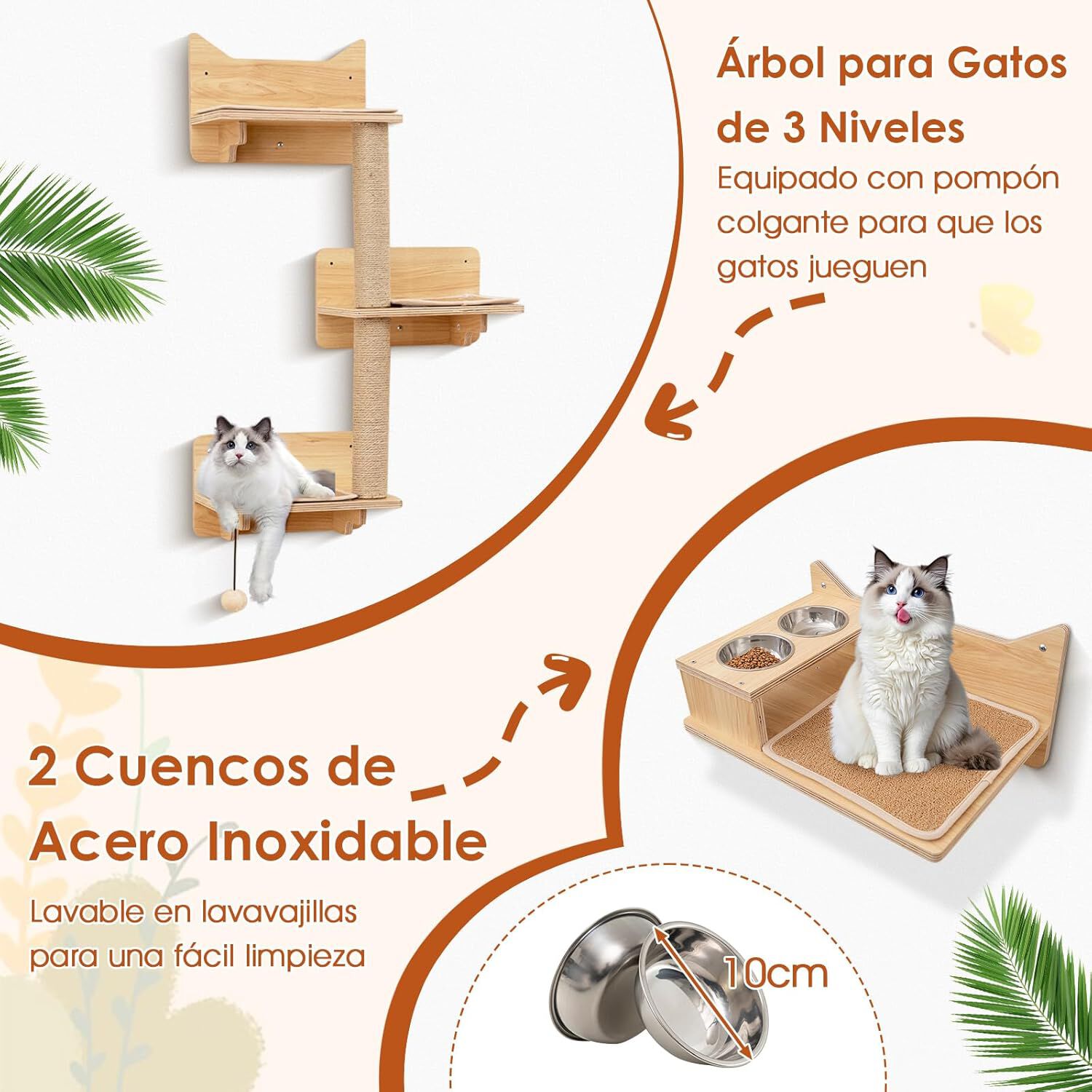 COSTWAY Juego de Muebles de Pared para Gatos de 6 Piezas, Estantes con Hamaca, Cuenco, Árbol de 3 Escalones y Postes Rascadores, Parque para Gatitos de Interior, Natural thumbnail