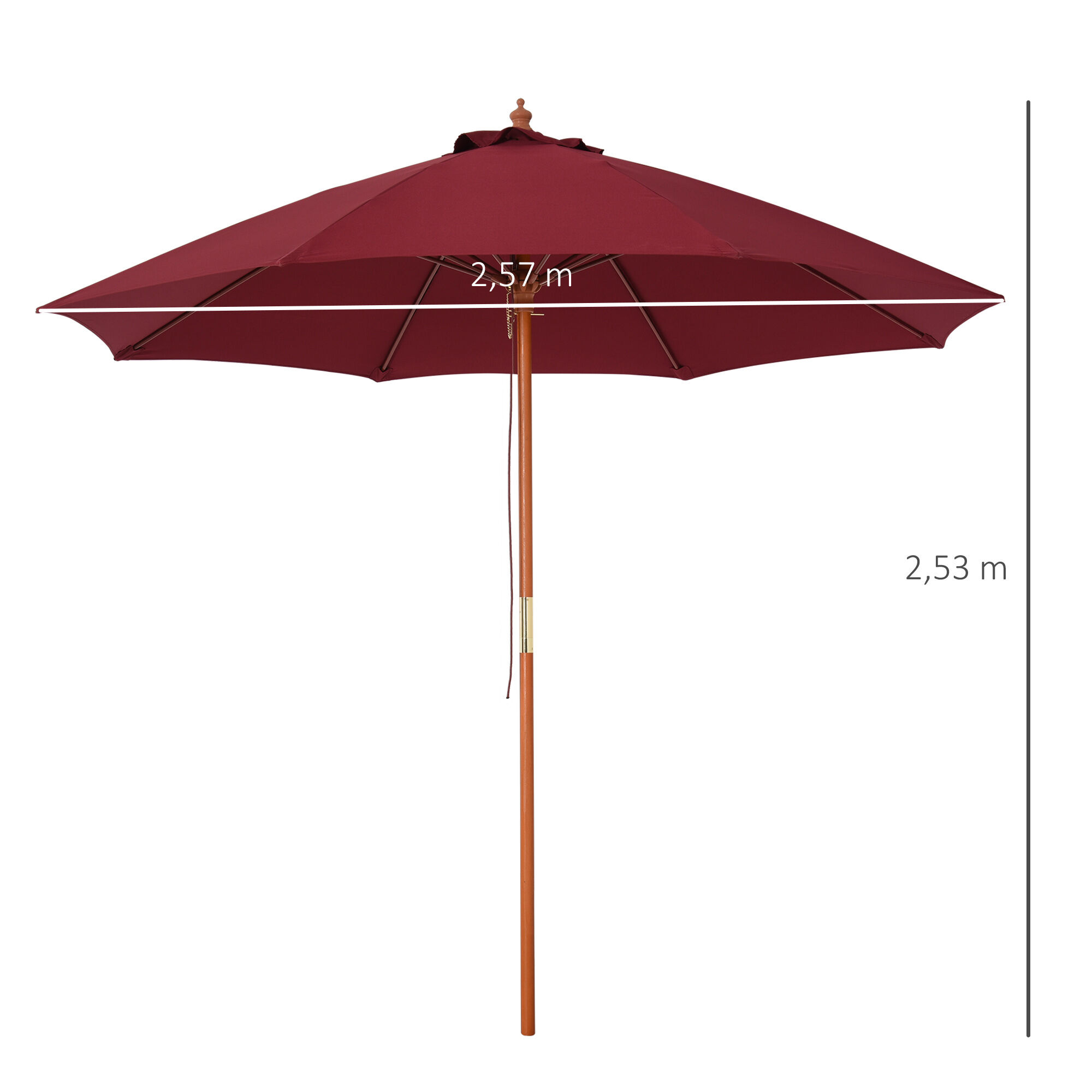 Outsunny Sombrilla Parasol con Poste Desmontable de Madera &Aacute;ngulo Ajustable Ventilaci&oacute;n Sistema de Polea para Exterior Jard&iacute;n Patio Piscina Terraza &Oslash;257x253 cm Rojo Vino, , large Imagen numero 3