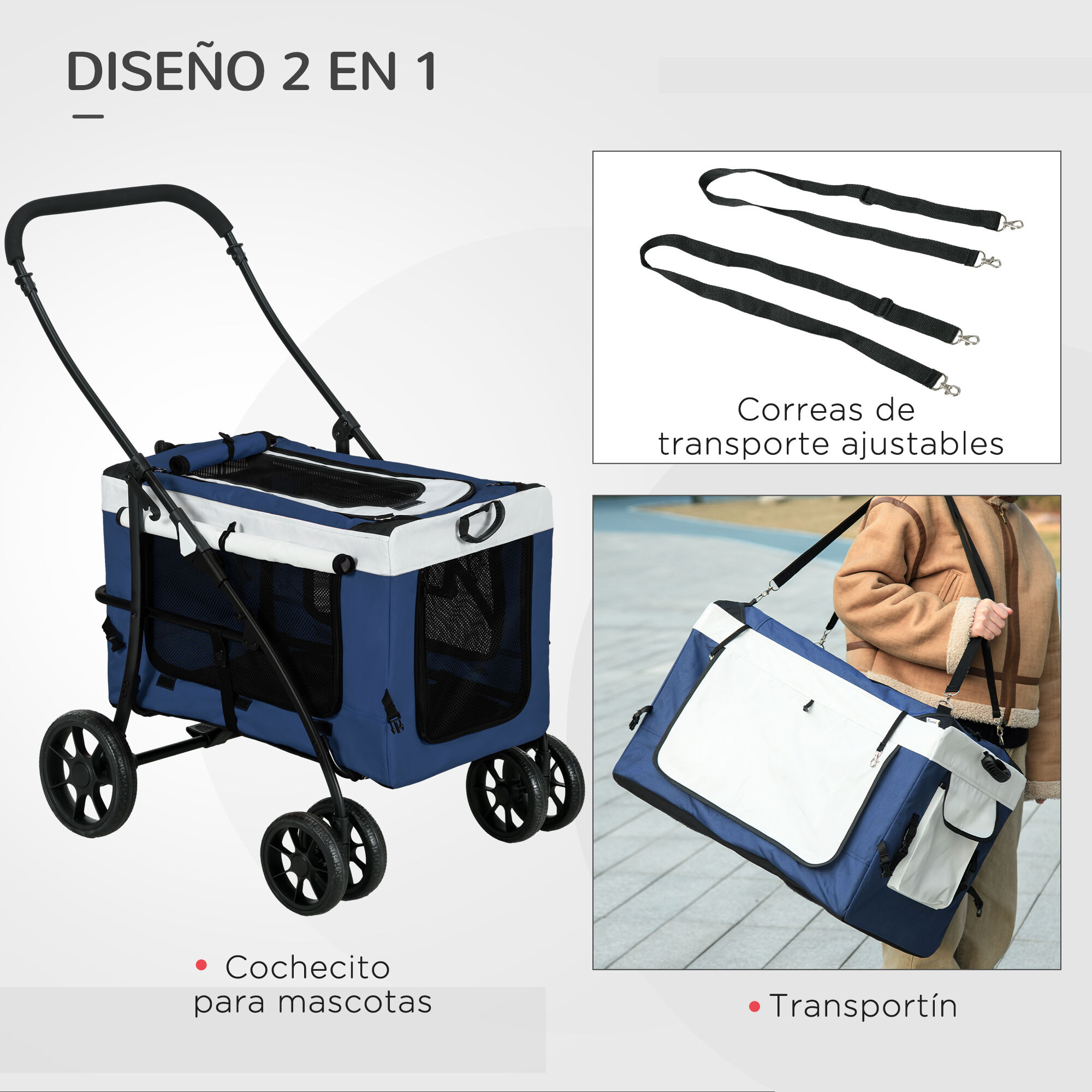 PawHut Carrito para Perros Cochecito para Perros Plegable con Vag&oacute;n Desmontable 4 Puertas con Cremallera 2 Correas de Seguridad 2 Correa de Transporte y Coj&iacute;n Azul, , large Imagen numero 5