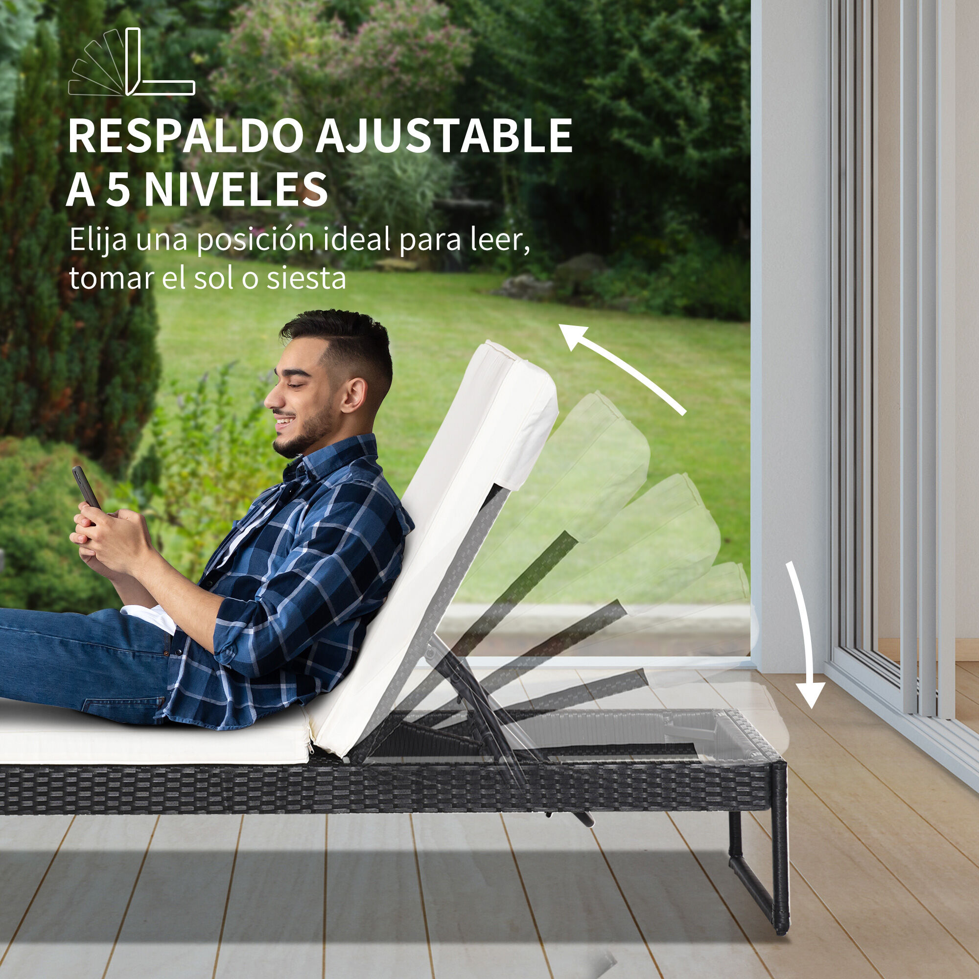 Outsunny Conjunto de 2 Tumbonas de Jard&iacute;n con Cojines Acolchados Rat&aacute;n con Mesa Auxiliar para Piscina o Terraza Carga 160 kg 195x60x86 cm Acero Negro, , large Imagen numero 5