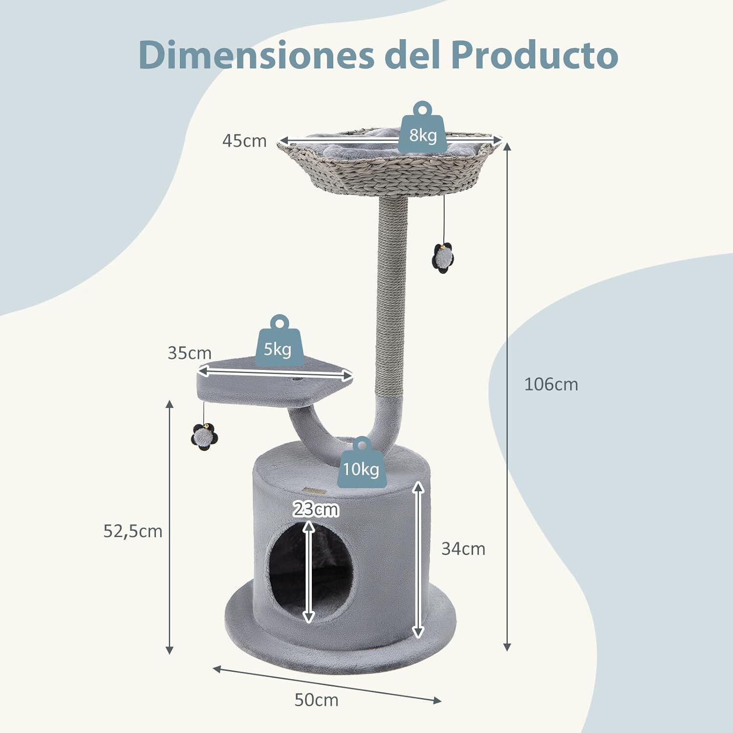 COSTWAY &Aacute;rbol para Gatos Altura 106 cm, Torre para Gatos con Marco de Soporte de Metal Curvado, Tabla Rascador de Sisal, 2 Plataformas, Condominio, Centro de Actividades de 3 Niveles para Gatos, , large Imagen numero 5