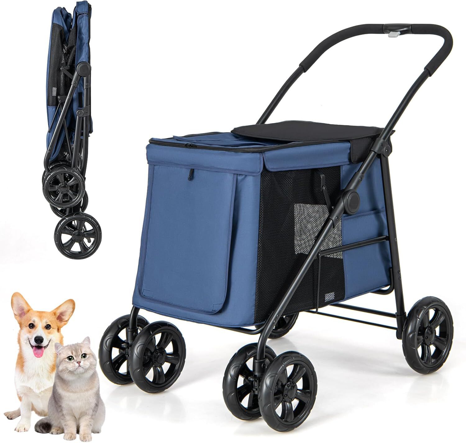 COSTWAY Cochecito para Mascotas Plegable, Carrito de Viaje Port&aacute;til para Mascotas con Malla Transpirable, Claraboya, Bolsillos, Carrito Plegable para Mascotas Peque&ntilde;as y Medianas (azul), , large Imagen numero 1