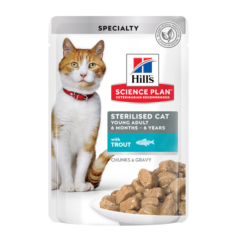 Hill’s Science Plan Sterilised Young Adult Trucha Sobre en Salsa para gatos, , large image number null