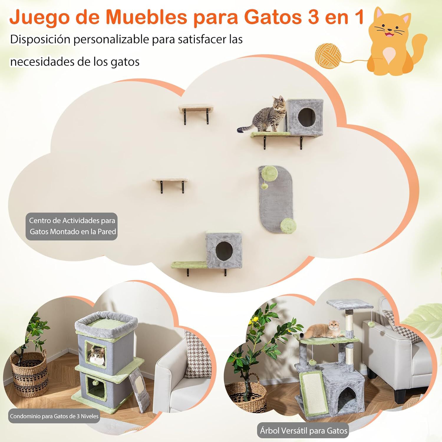 COSTWAY Juego de Muebles para Gatos 3 en 1, &Aacute;rbol para Gatos Grande con M&uacute;ltiples Plataformas, Casas, Cuevas, Postes Rascadores, Juguetes Colgantes, Pared de Escalada para Gato, Tela de Felpa, , large Imagen numero 2