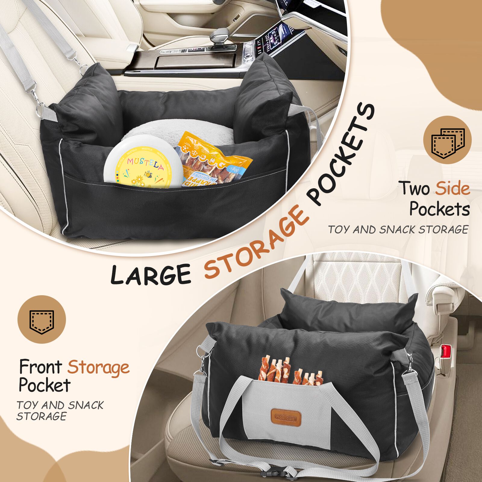 Nobleza Asiento de Coche negro con Bolsillos de Almacenamiento y Cojín Reversible para Perros Pequeños thumbnail