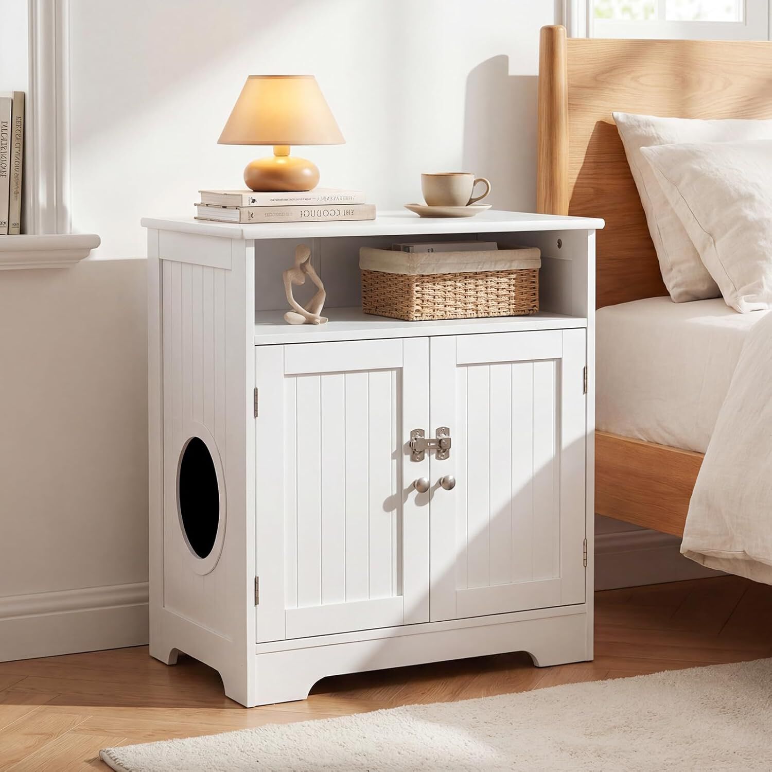 COSTWAY Caja de Arena para Gatos de Madera, Mueble Arenero para Gato con Alfombrilla, Compartimento y Puerta con Cerradura, Casa para Gatos Interior, Mueble Auxiliar Mascotas, 59,5x43,5x73 cm, Blanco, , large Imagen numero 2