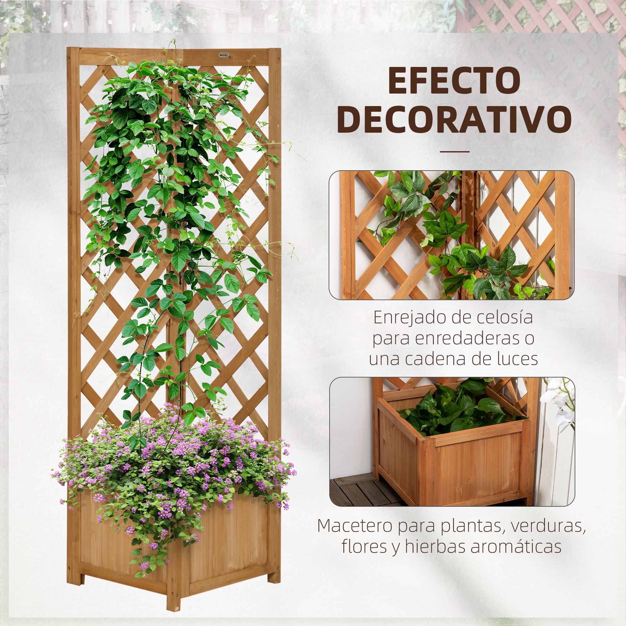 Outsunny Jardinera con Enrejado de Madera Macetero con Enrejado Jardinera Rectangular para Trepadoras Cultivos Plantas Flores Decoraci&oacute;n en Esquina 40x40x145 cm Natural, , large Imagen numero 4