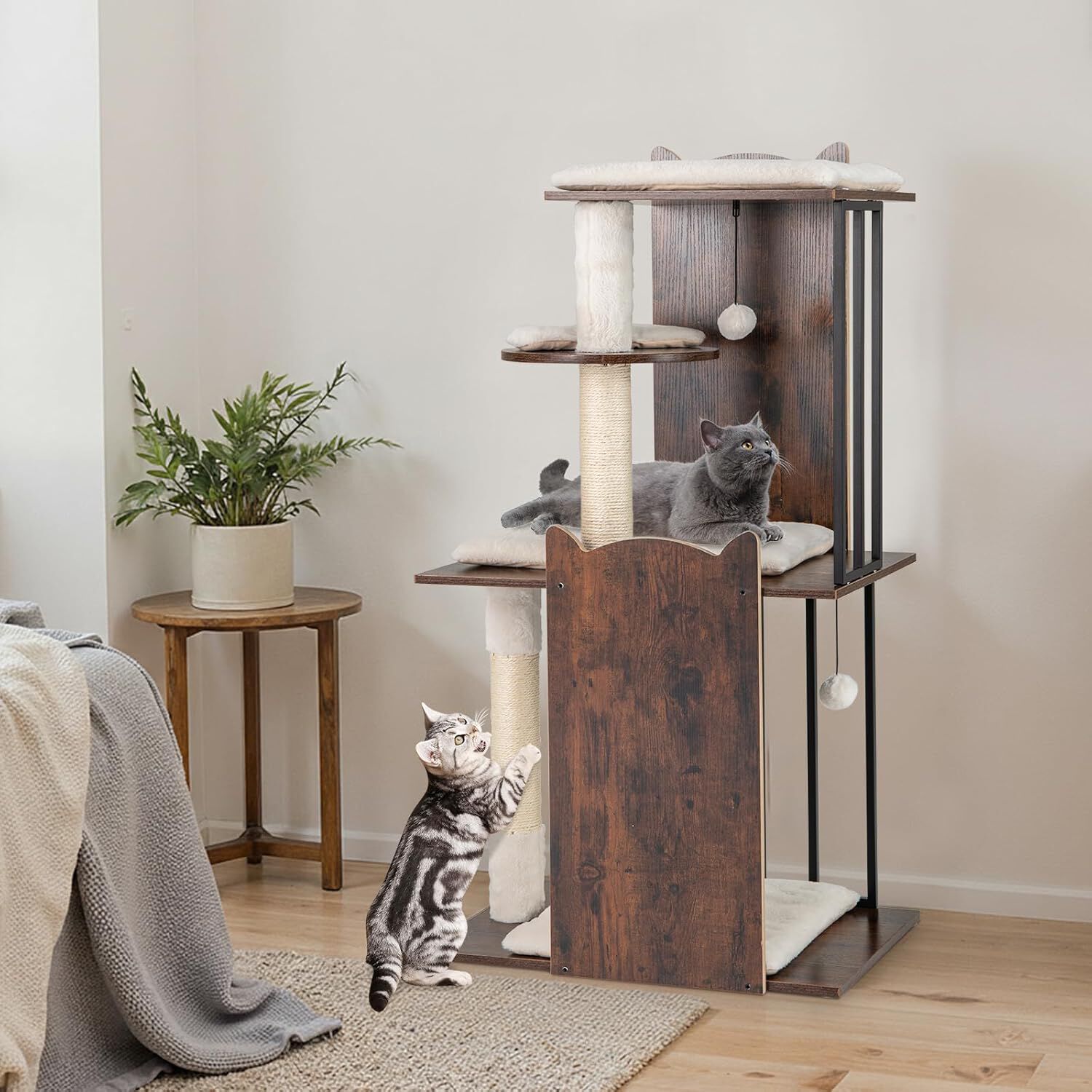 COSTWAY &Aacute;rbol Rascador para Gato de Madera de 112 cm, Torre Rascador para Gatos con Postes Rascadores de Sisal, Bolas Colgantes, Cojines de Felpa Extra&iacute;bles y Lavables, Mueble para Gato de 3 Niveles, , large Imagen numero 2