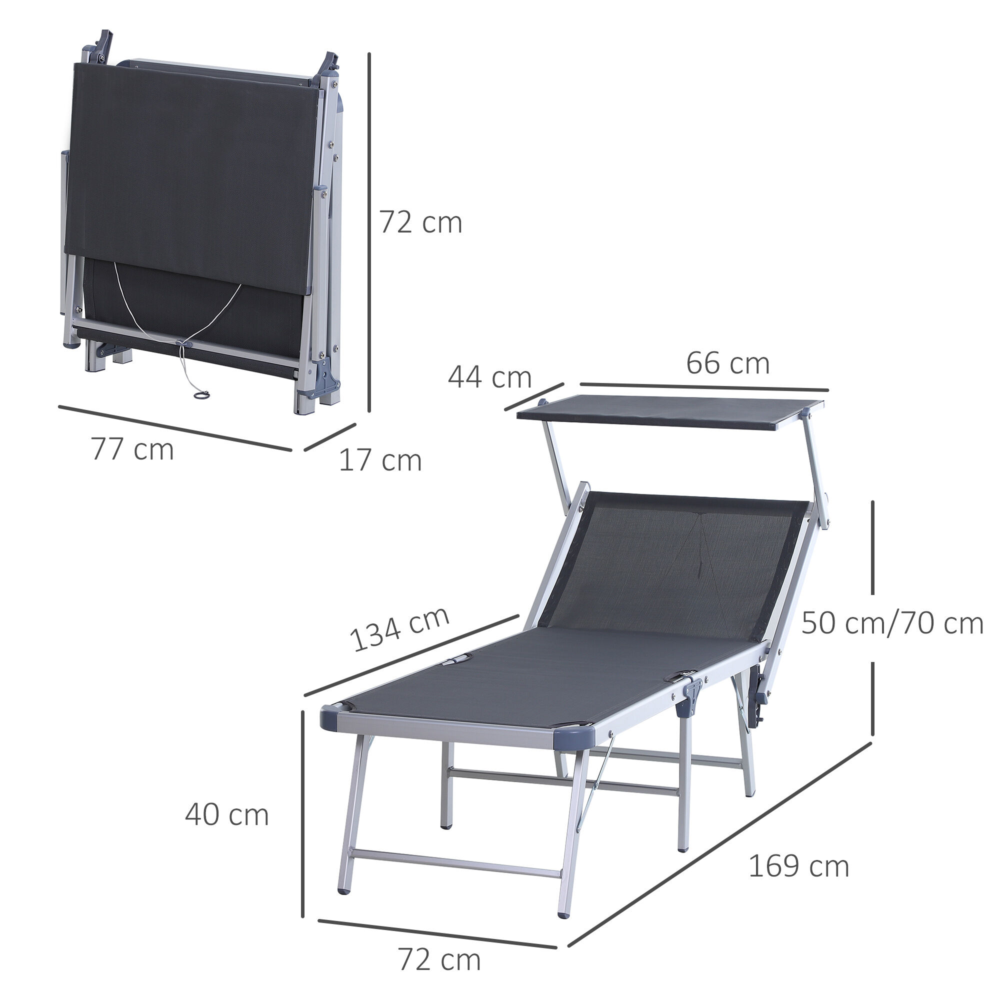 Outsunny Tumbona Plegable y Reclinable de Aluminio con Toldo Incorporado para Piscina Jard&iacute;n Terraza Exterior Carga 120 kg 169x72x50/70cm Gris, , large Imagen numero 3