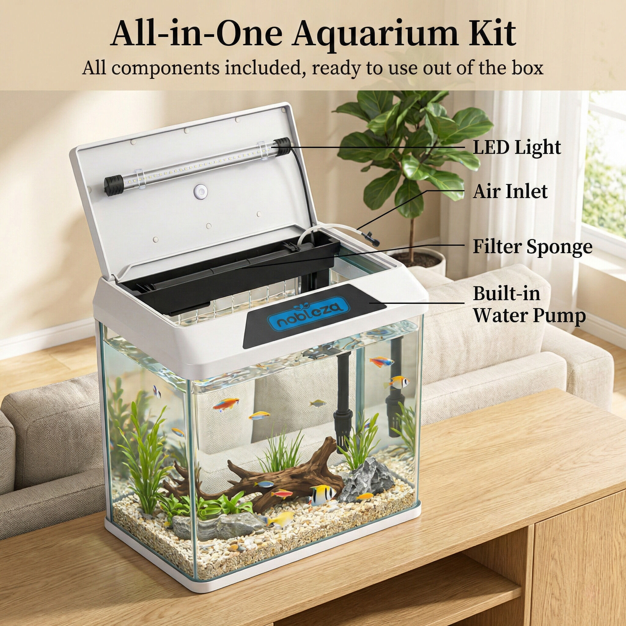 Nobleza Acuario Kit Completo Nobleza con Iluminaci&oacute;n LED y Sistema de Filtraci&oacute;n Integrado - Dise&ntilde;o Panor&aacute;mico, , large Imagen numero 2