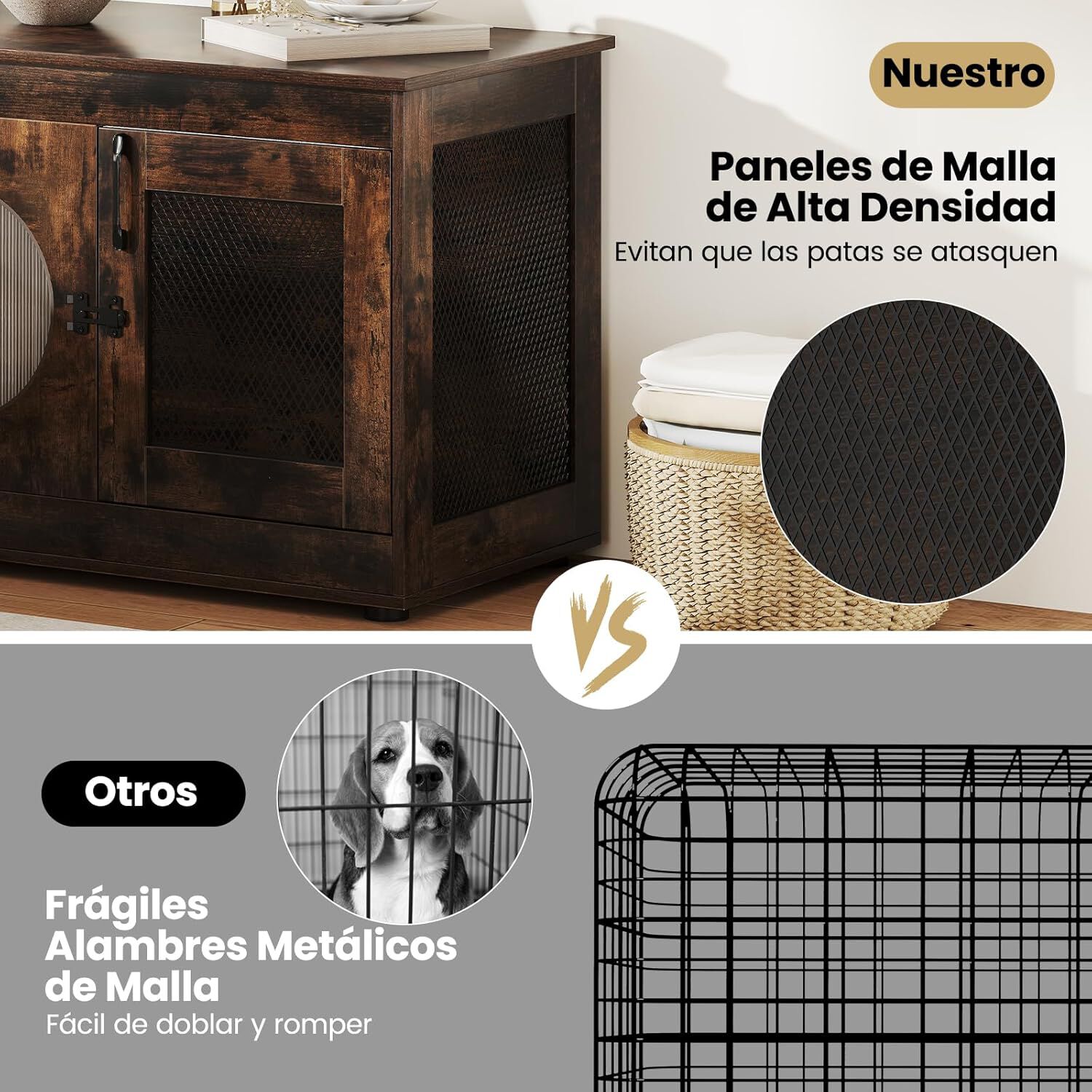 COSTWAY Mueble para Mascotas, 2 en 1 Jaula de Metal Resistente a Mordeduras con Ventana Translúcida, Caseta de Madera como Mesa Lateral, Ideal para Perros Pequeños y Medianos, Marrón Rústico thumbnail