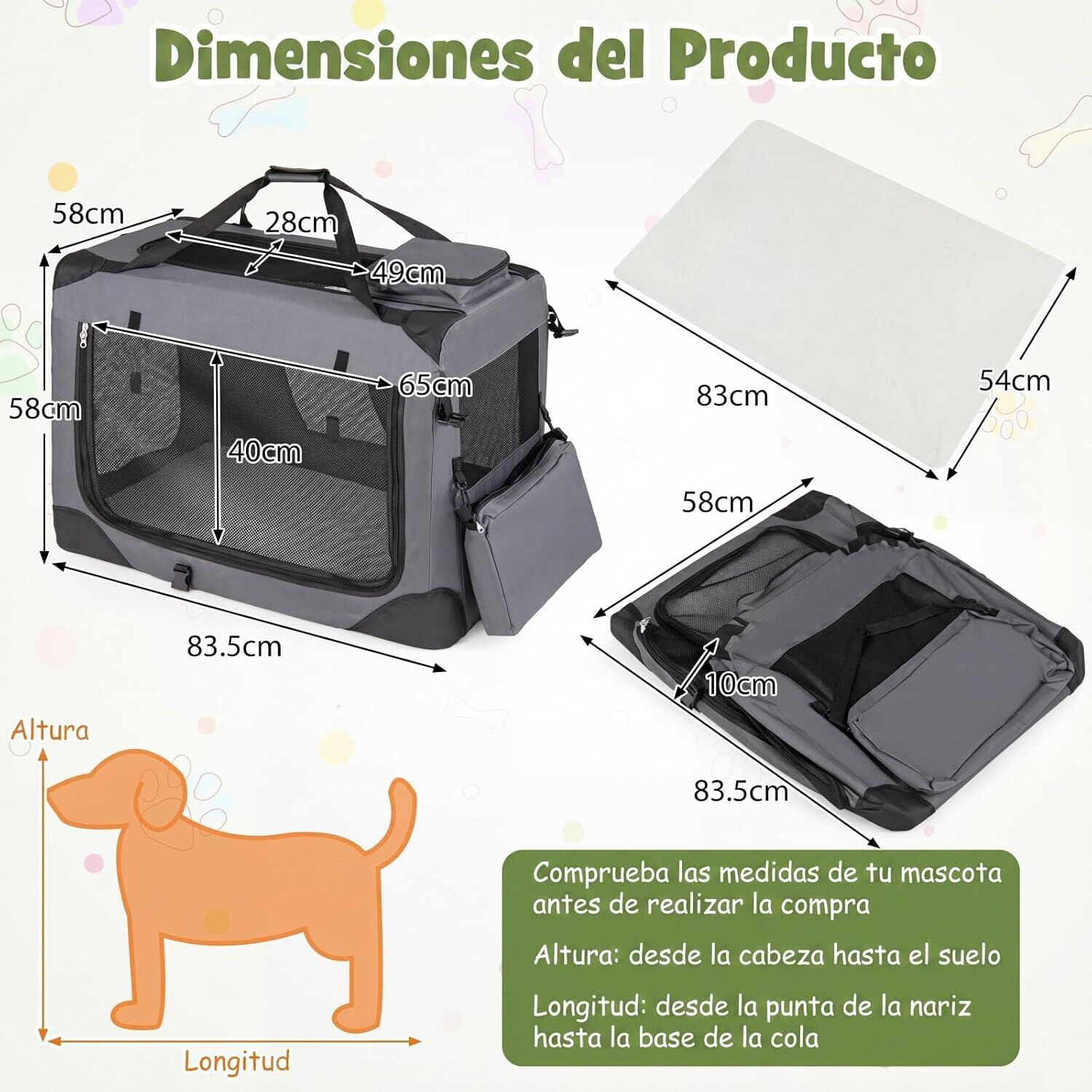 COSTWAY Transport&iacute;n para Perros Plegable, Bolsa Transporte para Gatos con Ventanas de Malla, 3 Puertas y Bolsillos Extra&iacute;bles, Portador de Viaje para Mascotas Interior y Exterior (Gris, L), , large Imagen numero 5