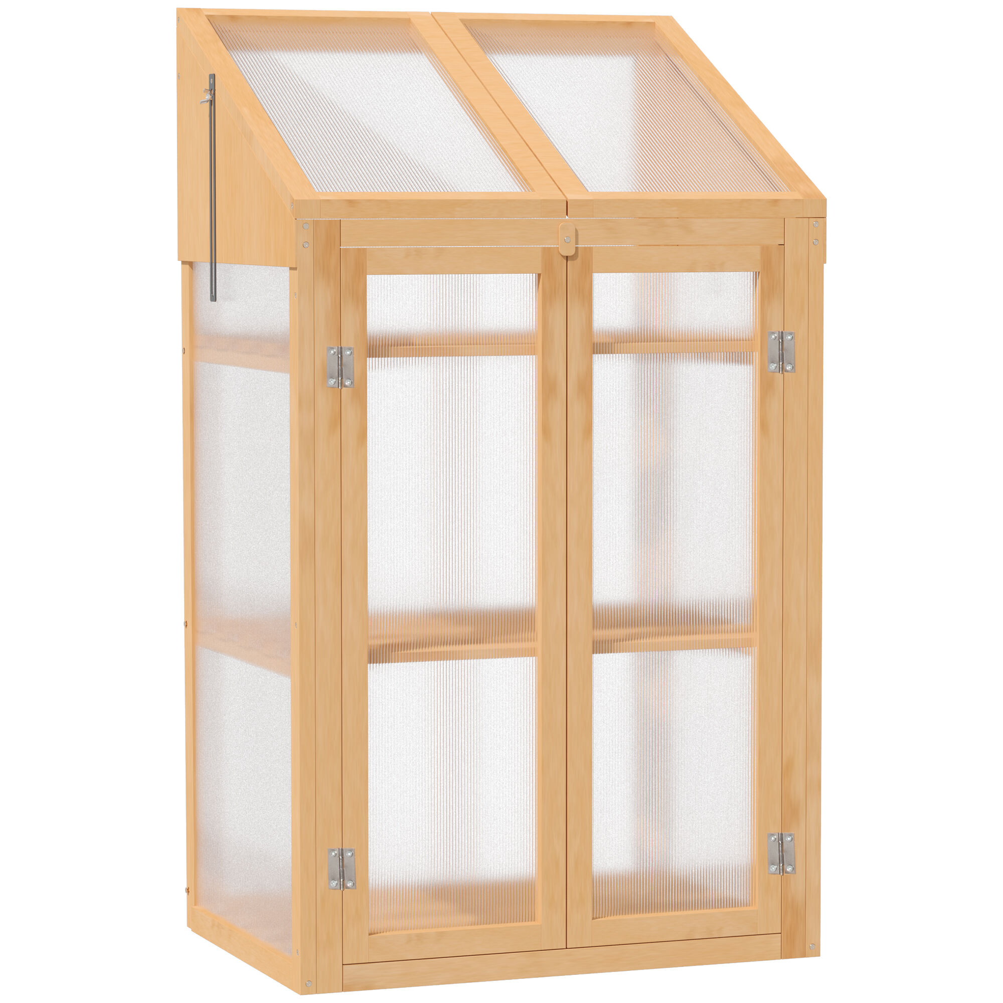 Outsunny Invernadero de Madera con Paneles de Policarbonato Invernadero de Jard&iacute;n Vivero Casero con Tapa Abatible 2 Puertas y 3 Estantes para Cultivo Plantas Flores Terraza Patio 70x50x120 cm Natural, , large Imagen numero 1